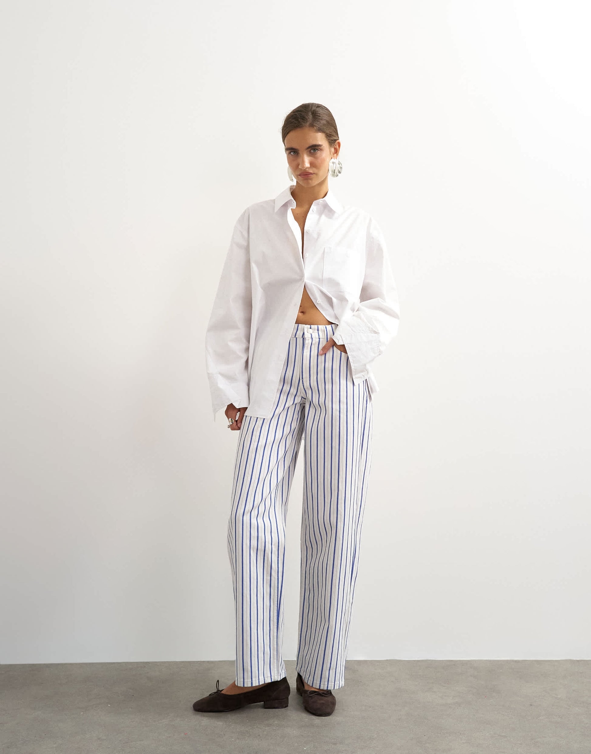 Topshop Cinch low rise relaxed jean in blue & lilac stripe 