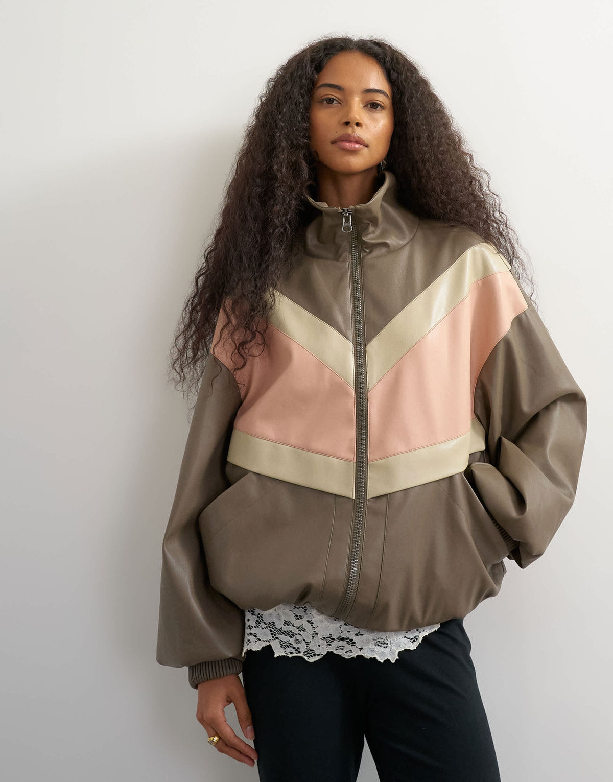 Topshop colour block leather look track jacket in pink
