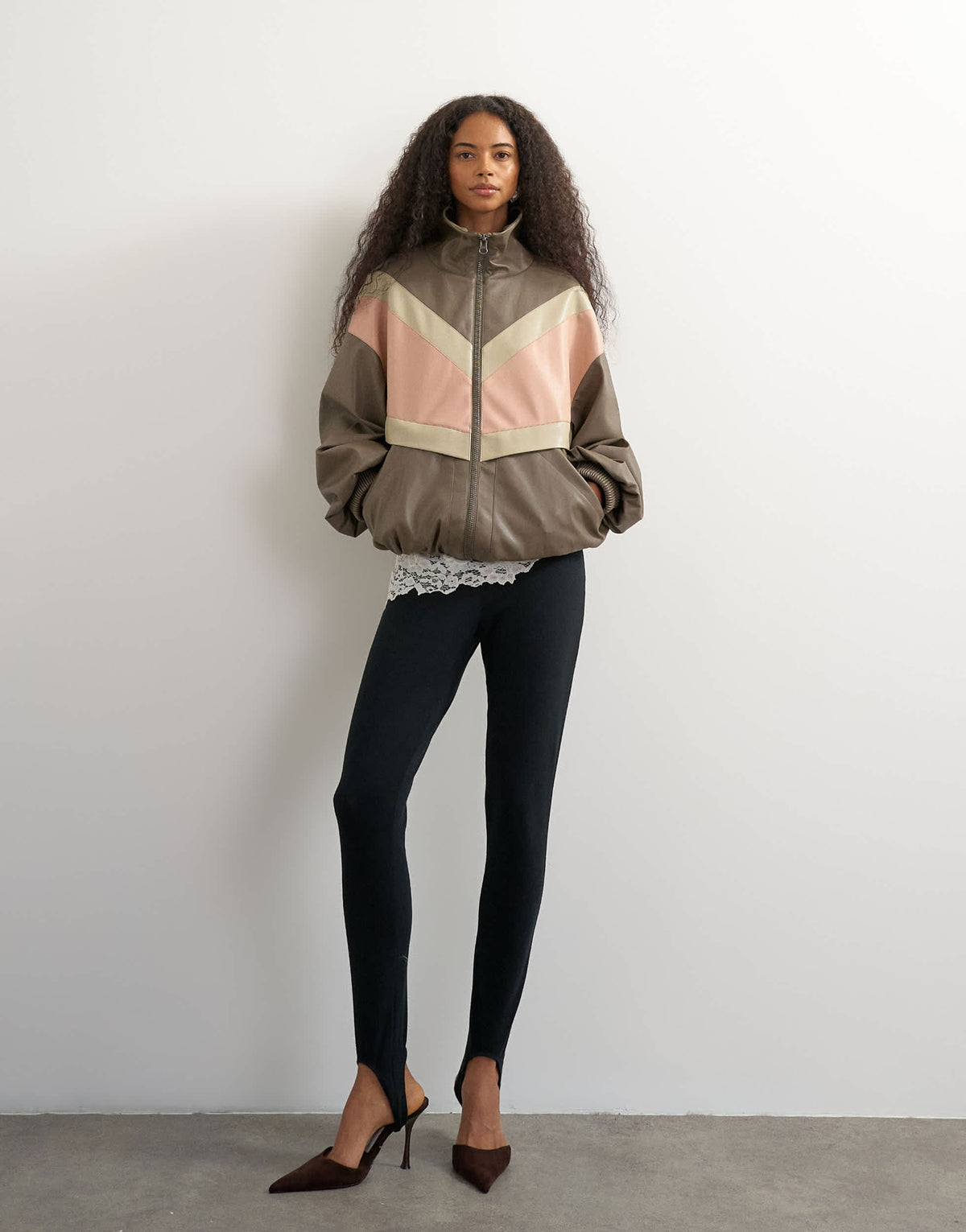 Topshop colour block leather look track jacket in pink
