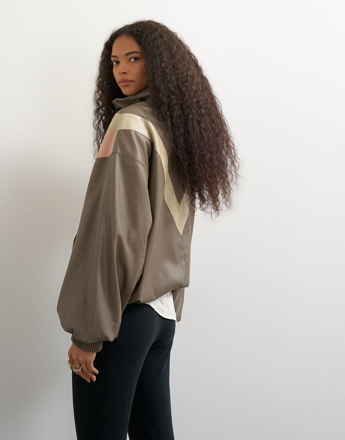 Topshop colour block leather look track jacket in pink