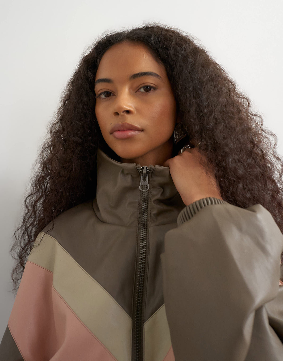 Topshop colour block leather look track jacket in pink