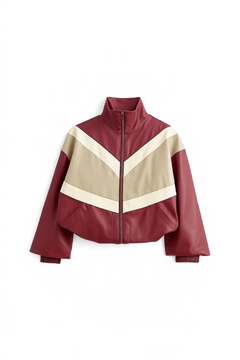 Topshop colour block leather look track jacket in red