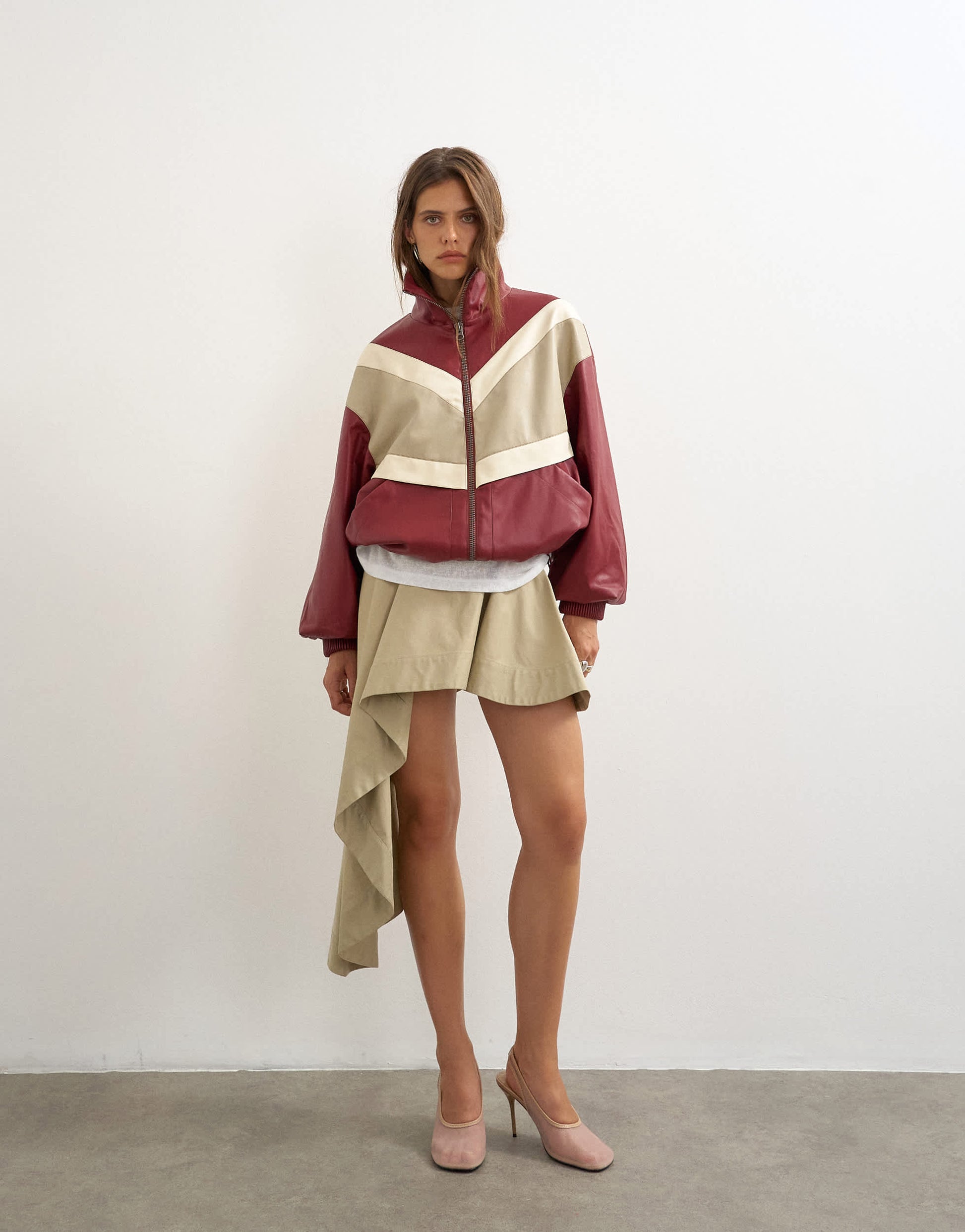 Topshop colour block leather look track jacket in red