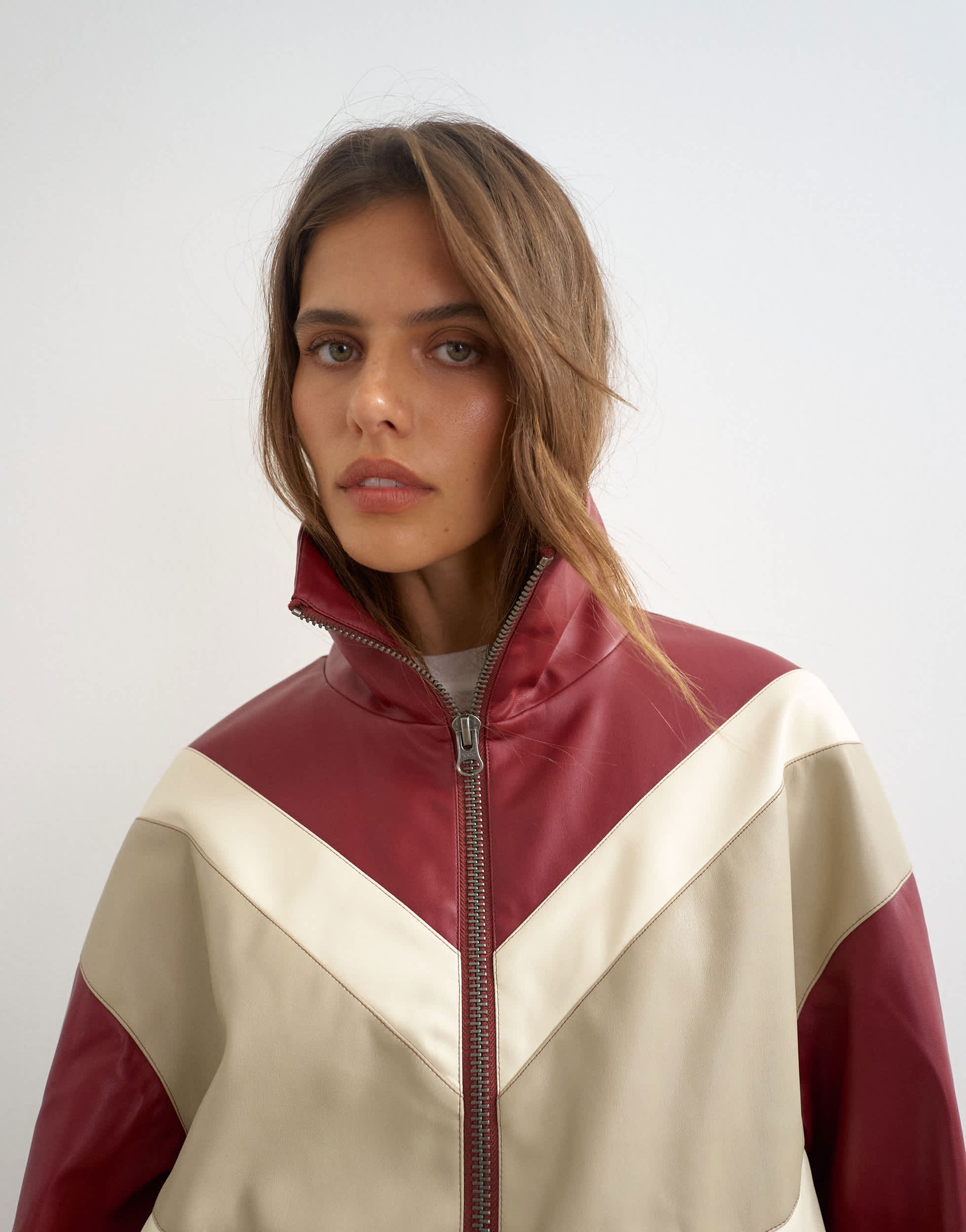 Topshop colour block leather look track jacket in red