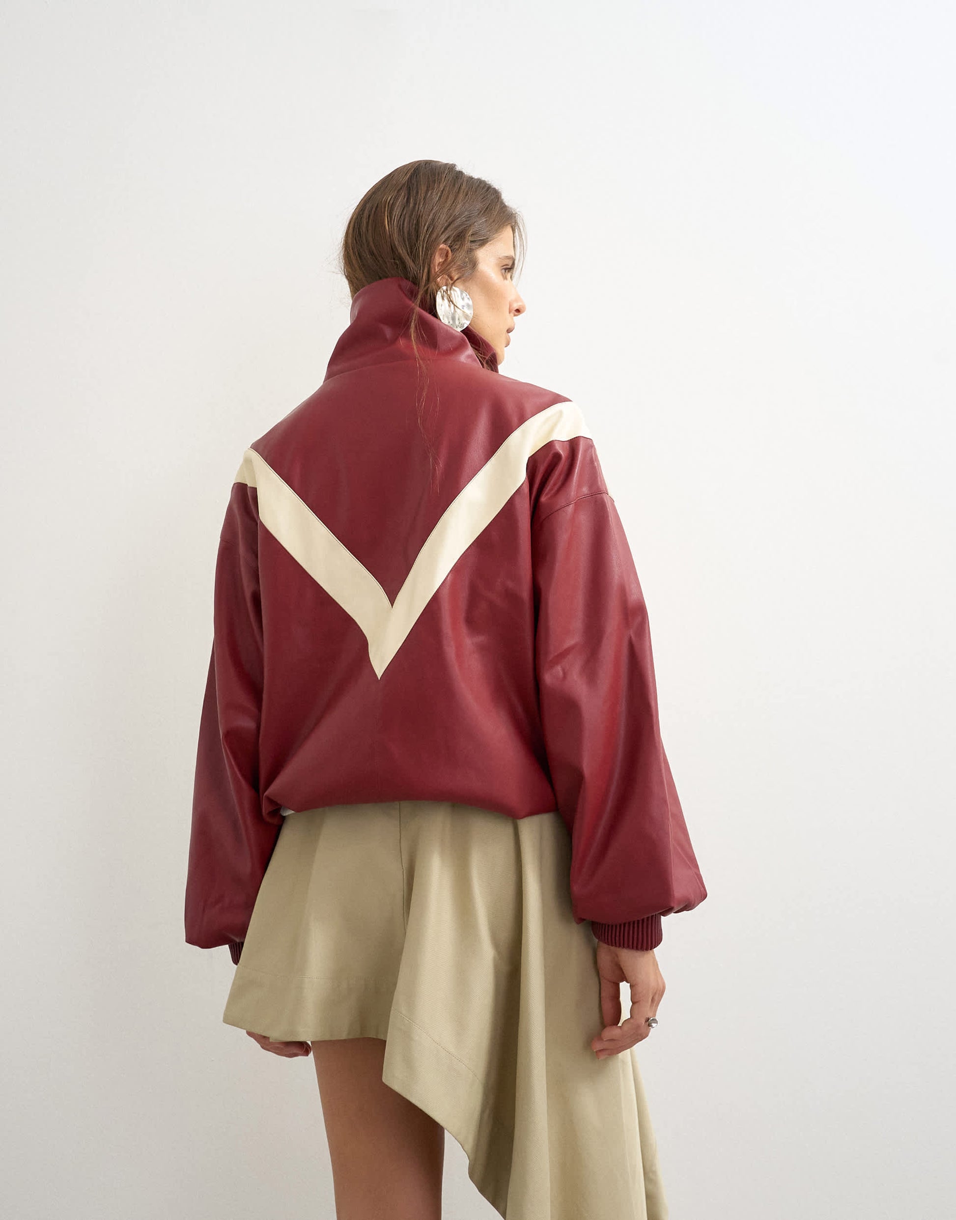 Topshop colour block leather look track jacket in red