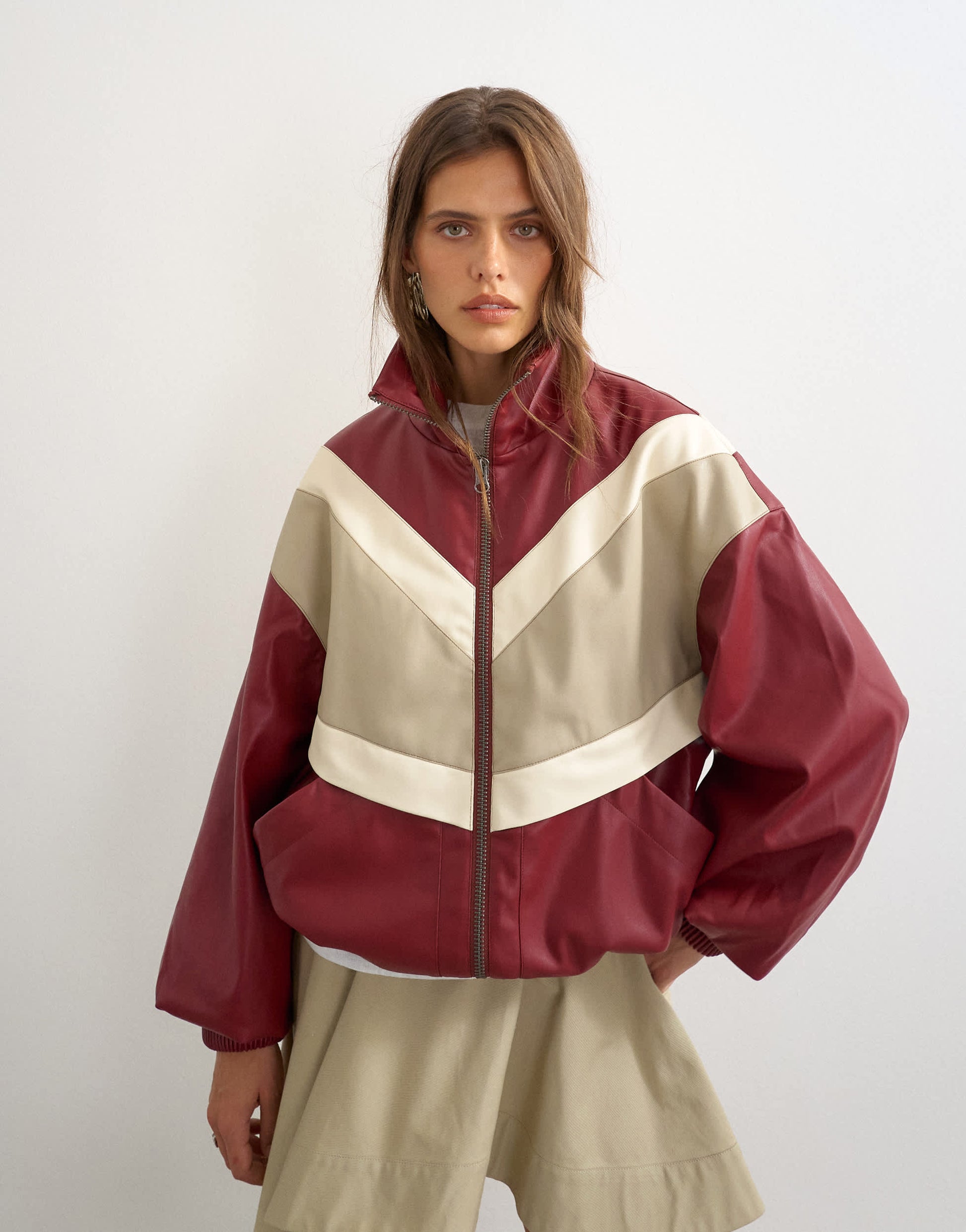 Topshop colour block leather look track jacket in red