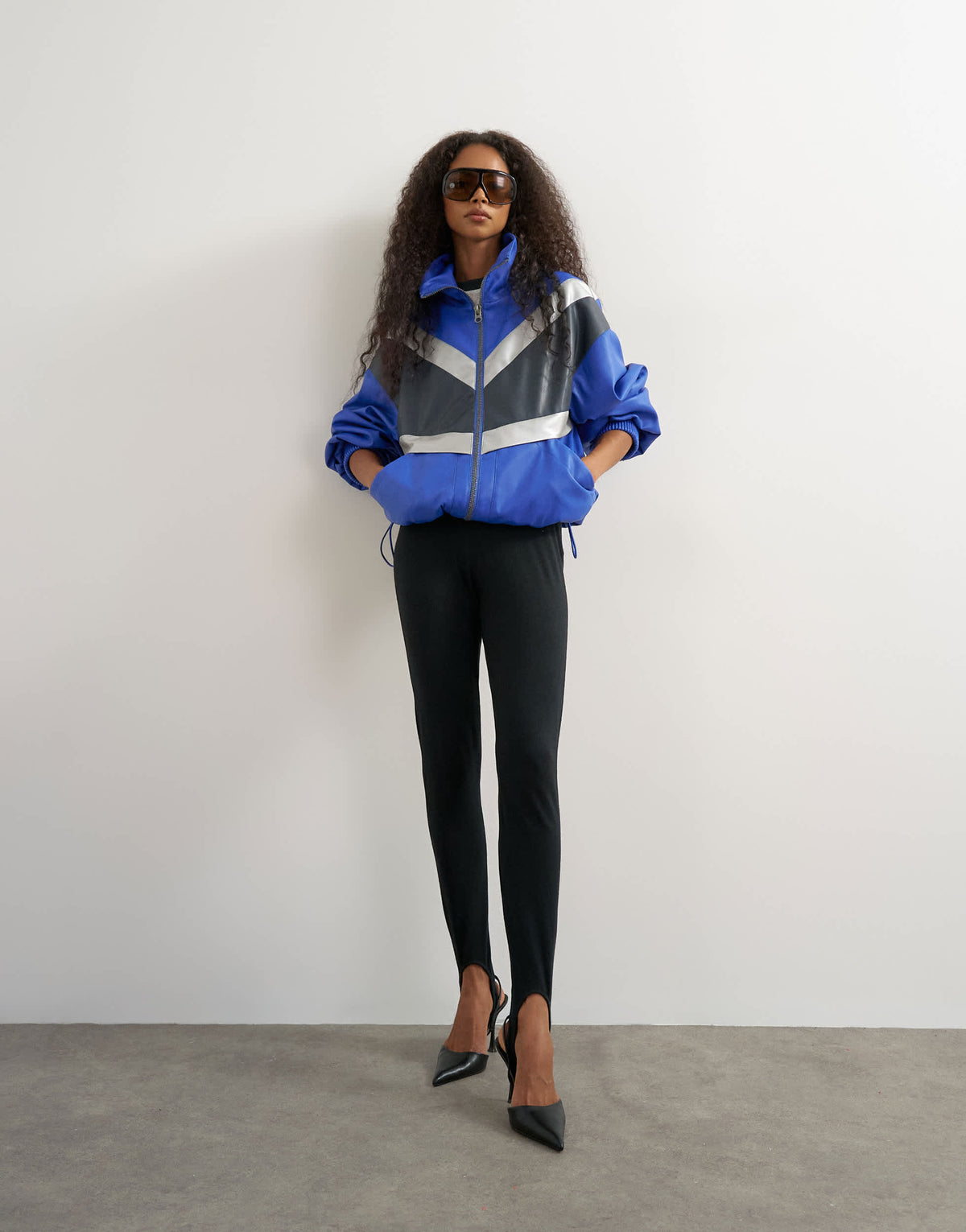 Topshop colour block leather look track jacket in blue