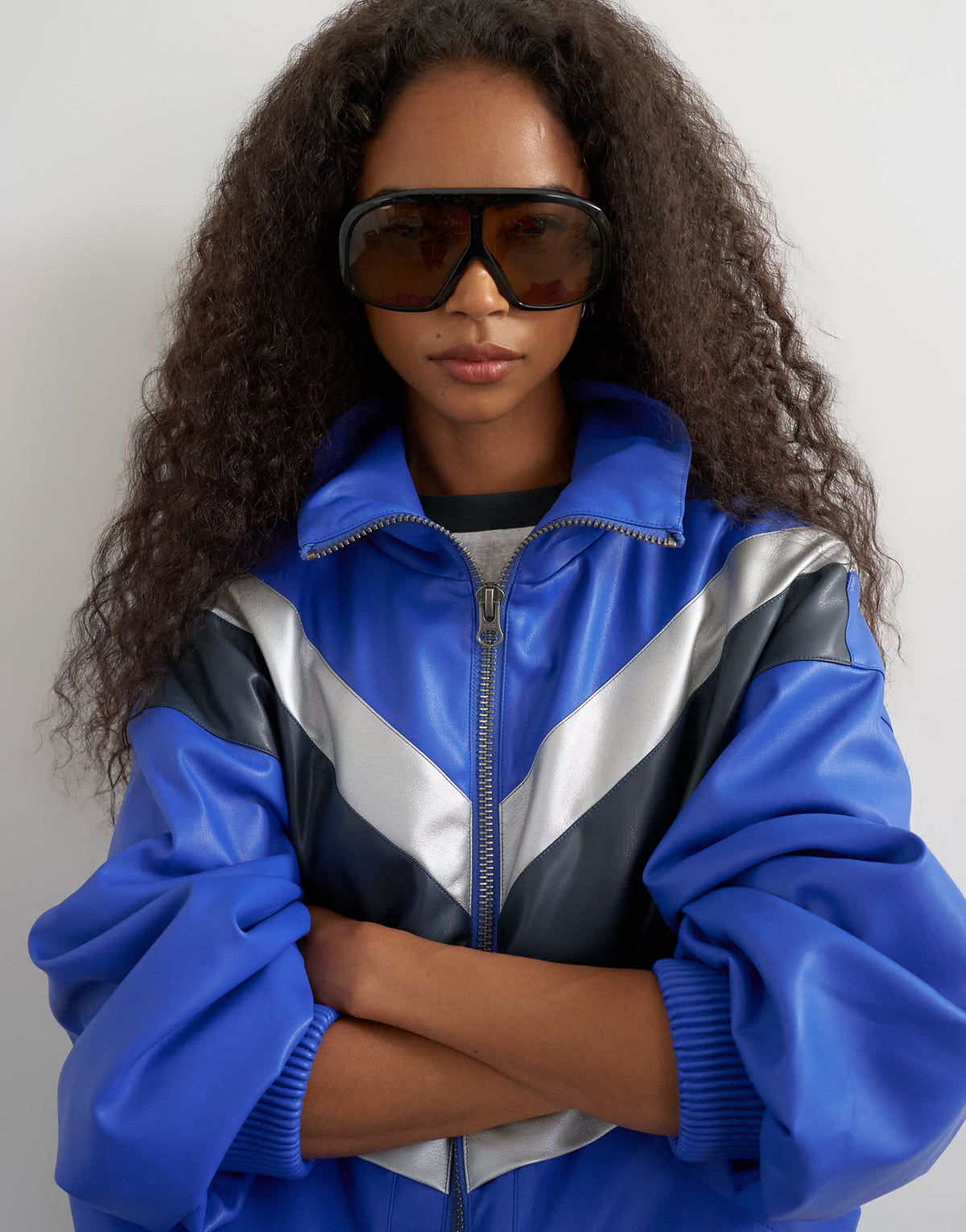 Topshop colour block leather look track jacket in blue