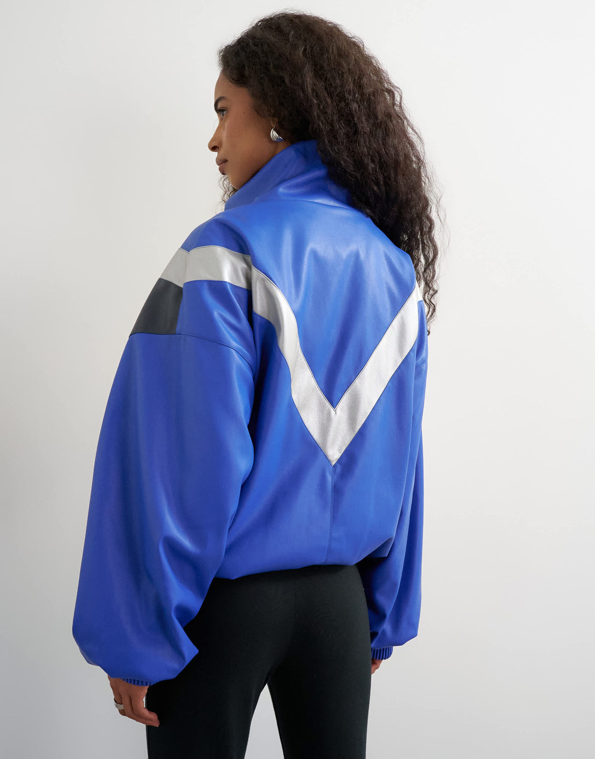 Topshop colour block leather look track jacket in blue