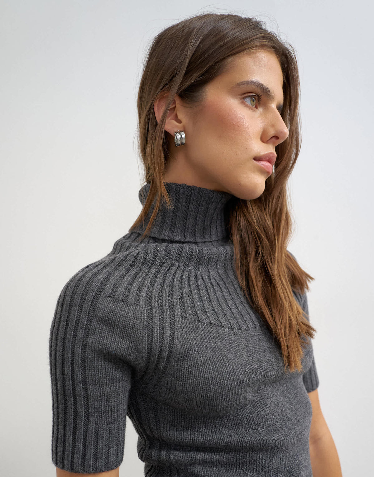 Topshop knitted funnel neck yoke detail mini dress in charcoal