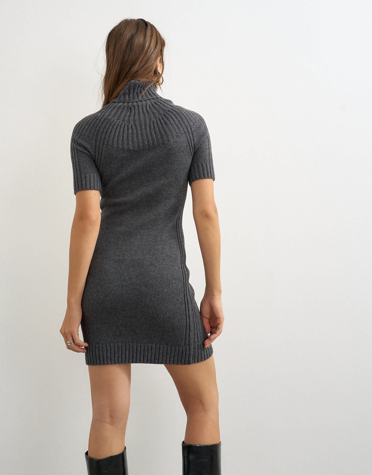 Topshop knitted funnel neck yoke detail mini dress in charcoal