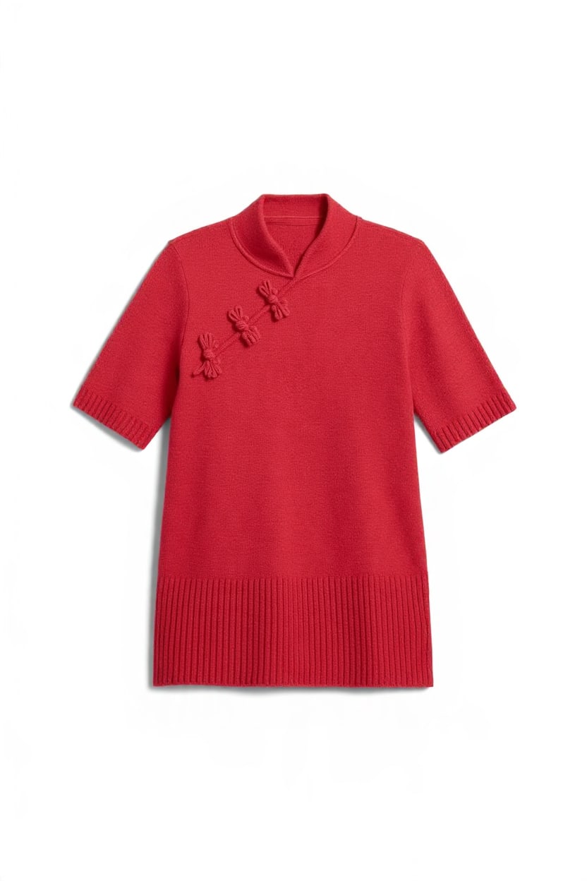 Topshop knitted deep rib mandarin collar short sleeve top with wool in red