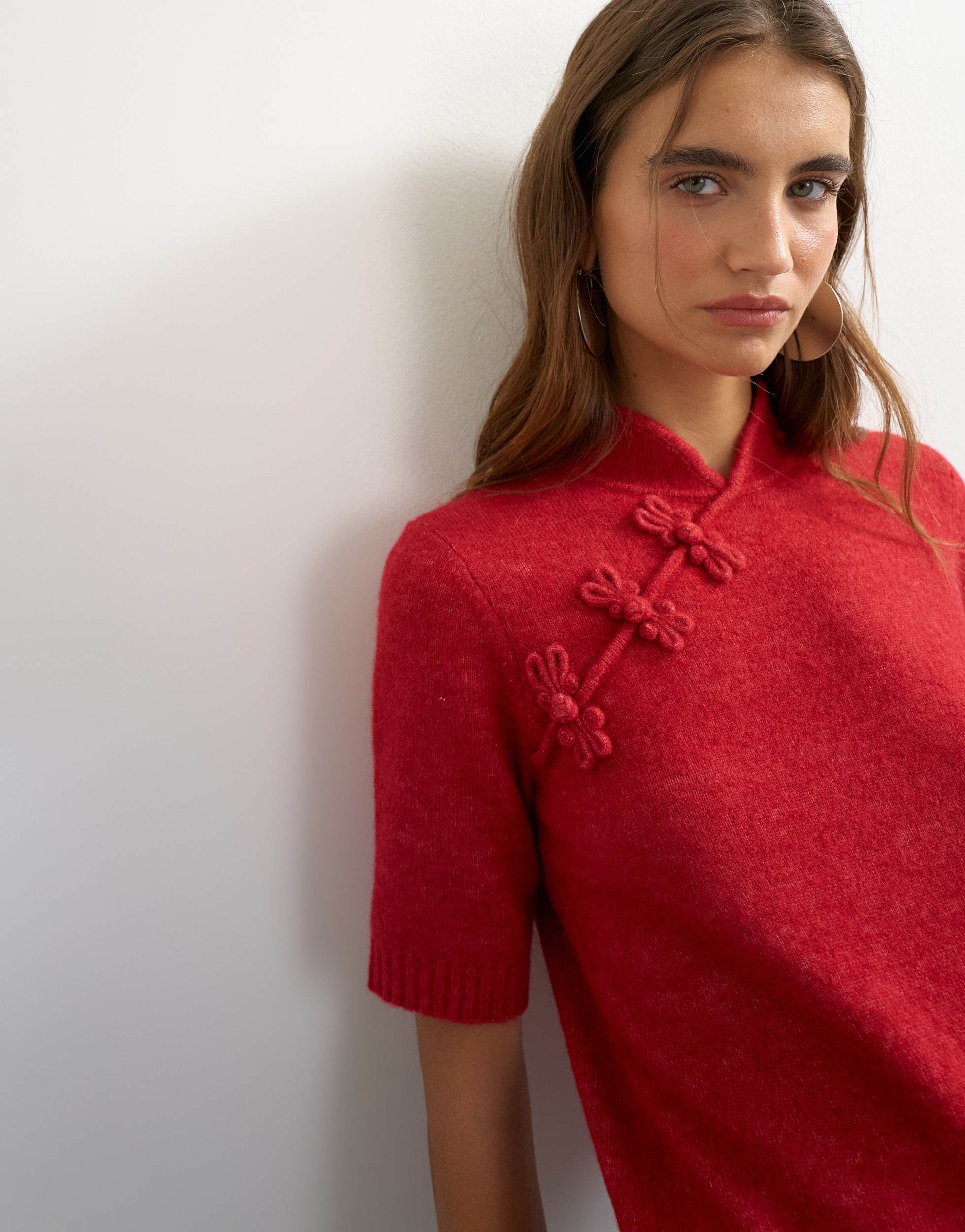 Topshop knitted deep rib mandarin collar short sleeve top with wool in red