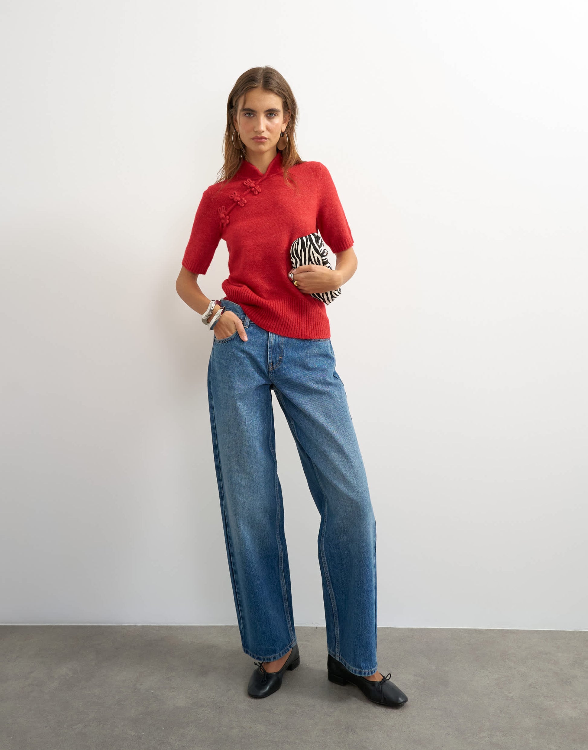 Topshop knitted deep rib mandarin collar short sleeve top with wool in red