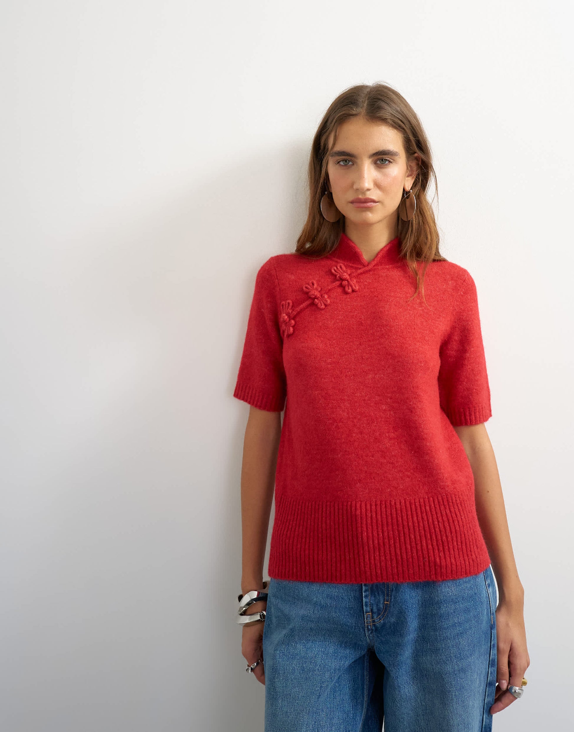 Topshop knitted deep rib mandarin collar short sleeve top with wool in red