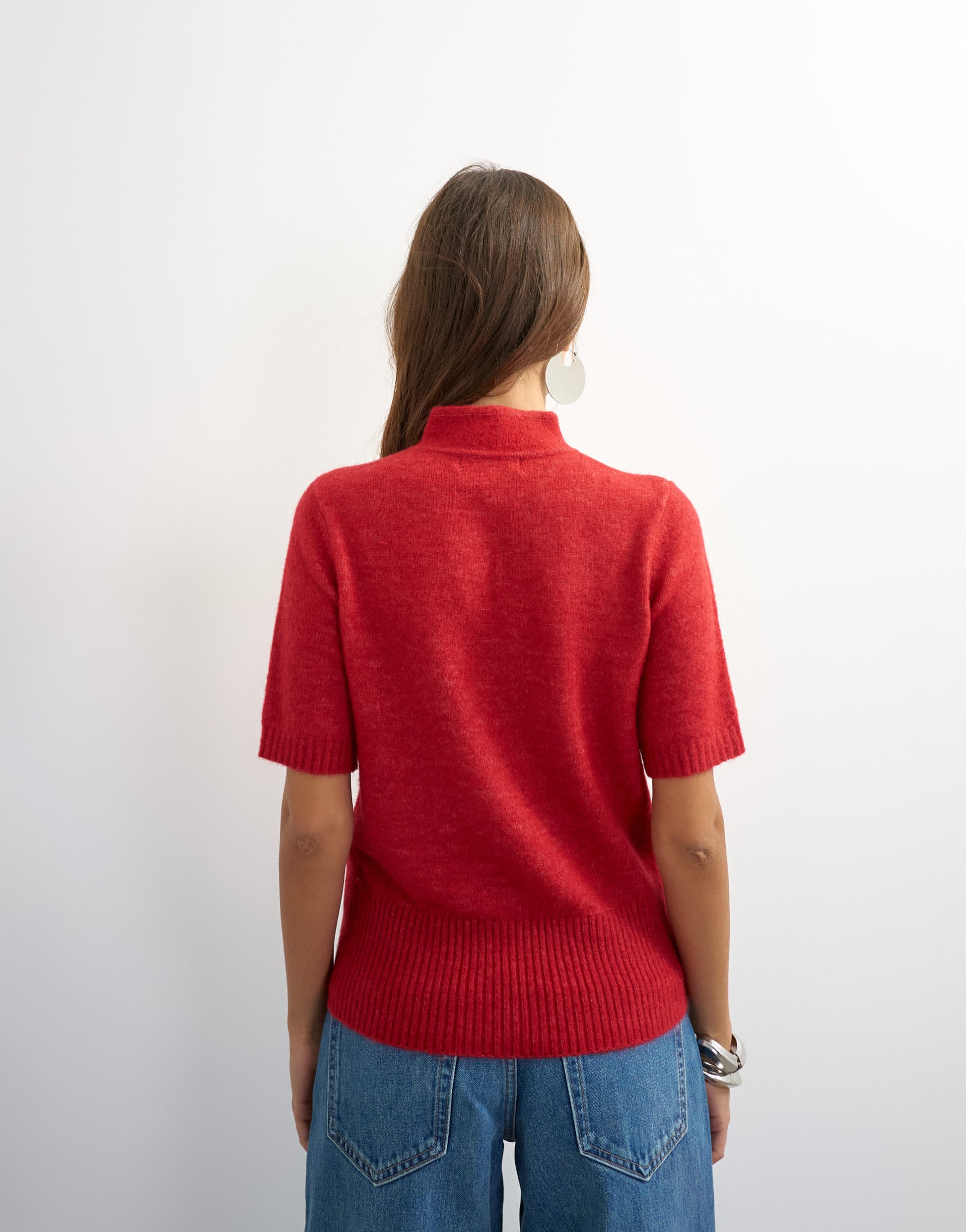 Topshop knitted deep rib mandarin collar short sleeve top with wool in red
