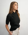 Topshop knitted deep rib mandarin collar short sleeve top with wool in black