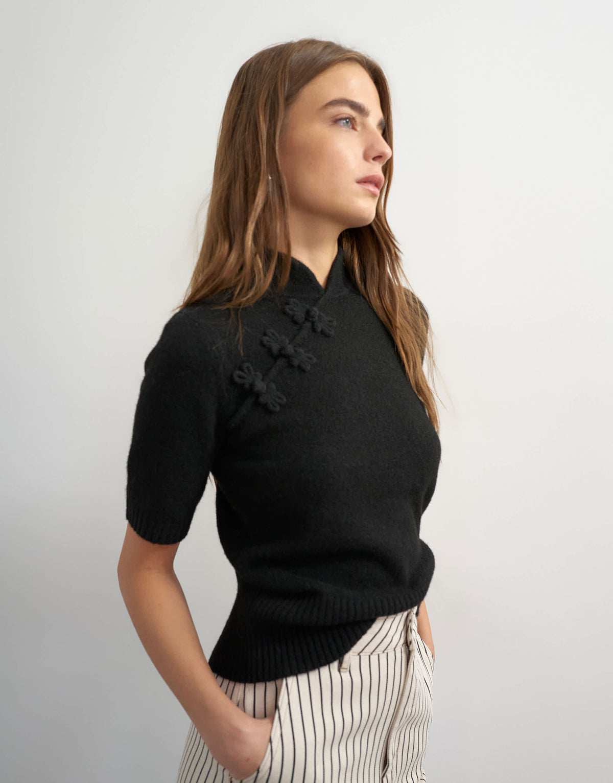 Topshop knitted deep rib mandarin collar short sleeve top with wool in black