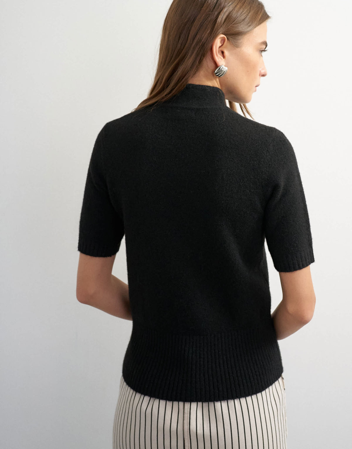 Topshop knitted deep rib mandarin collar short sleeve top with wool in black