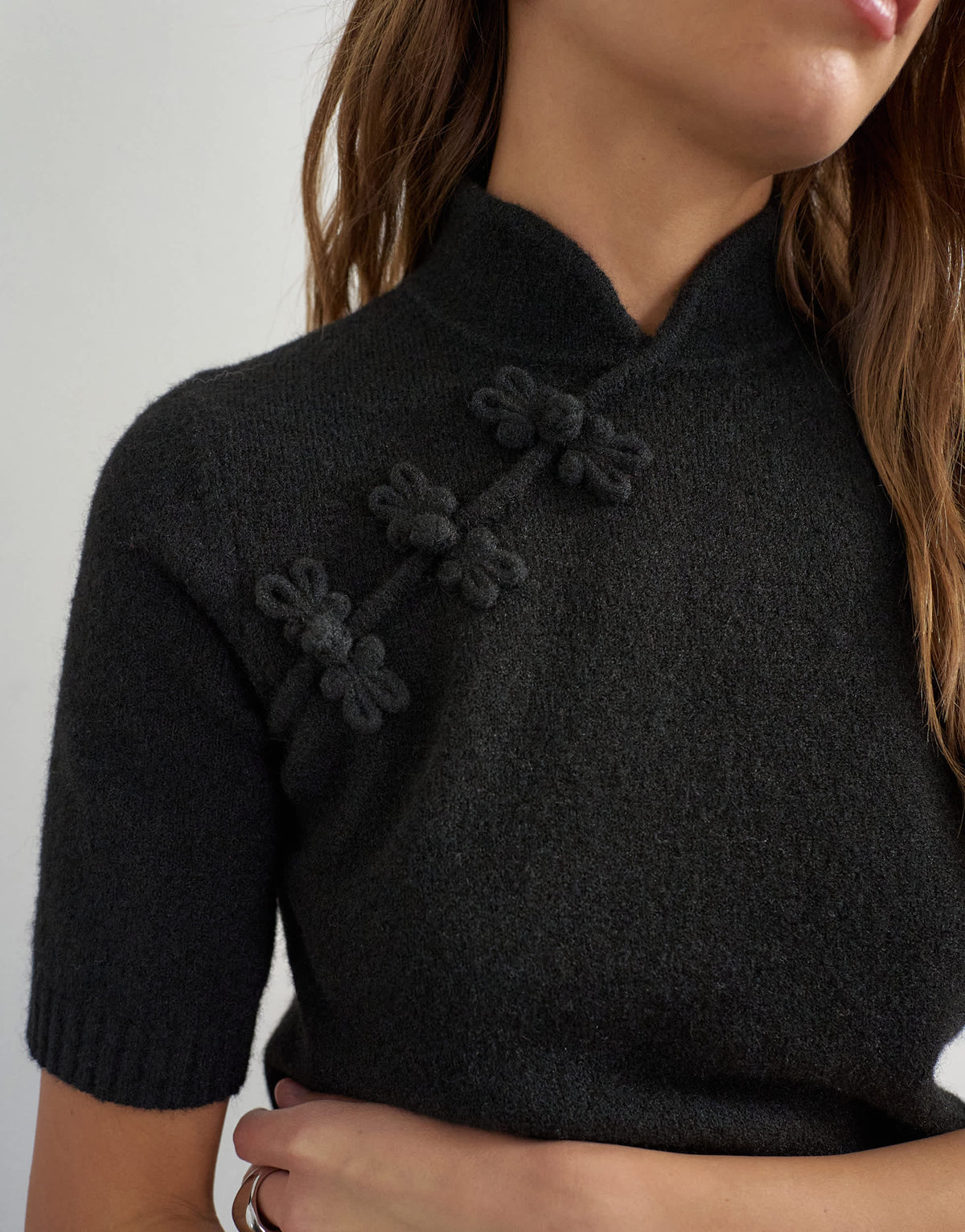 Topshop knitted deep rib mandarin collar short sleeve top with wool in black
