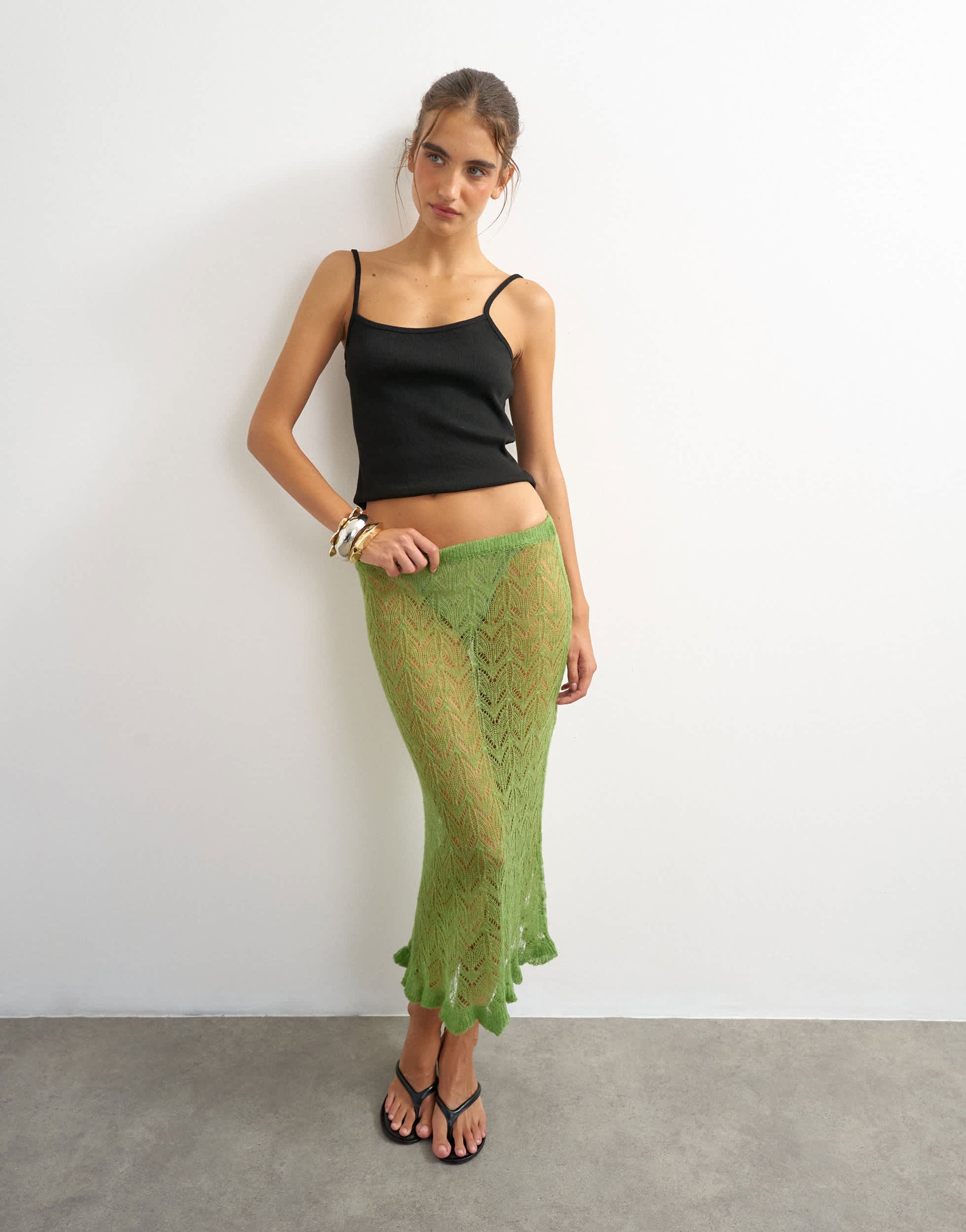 Topshop knitted ruffle hem pointelle midi skirt with wool in green