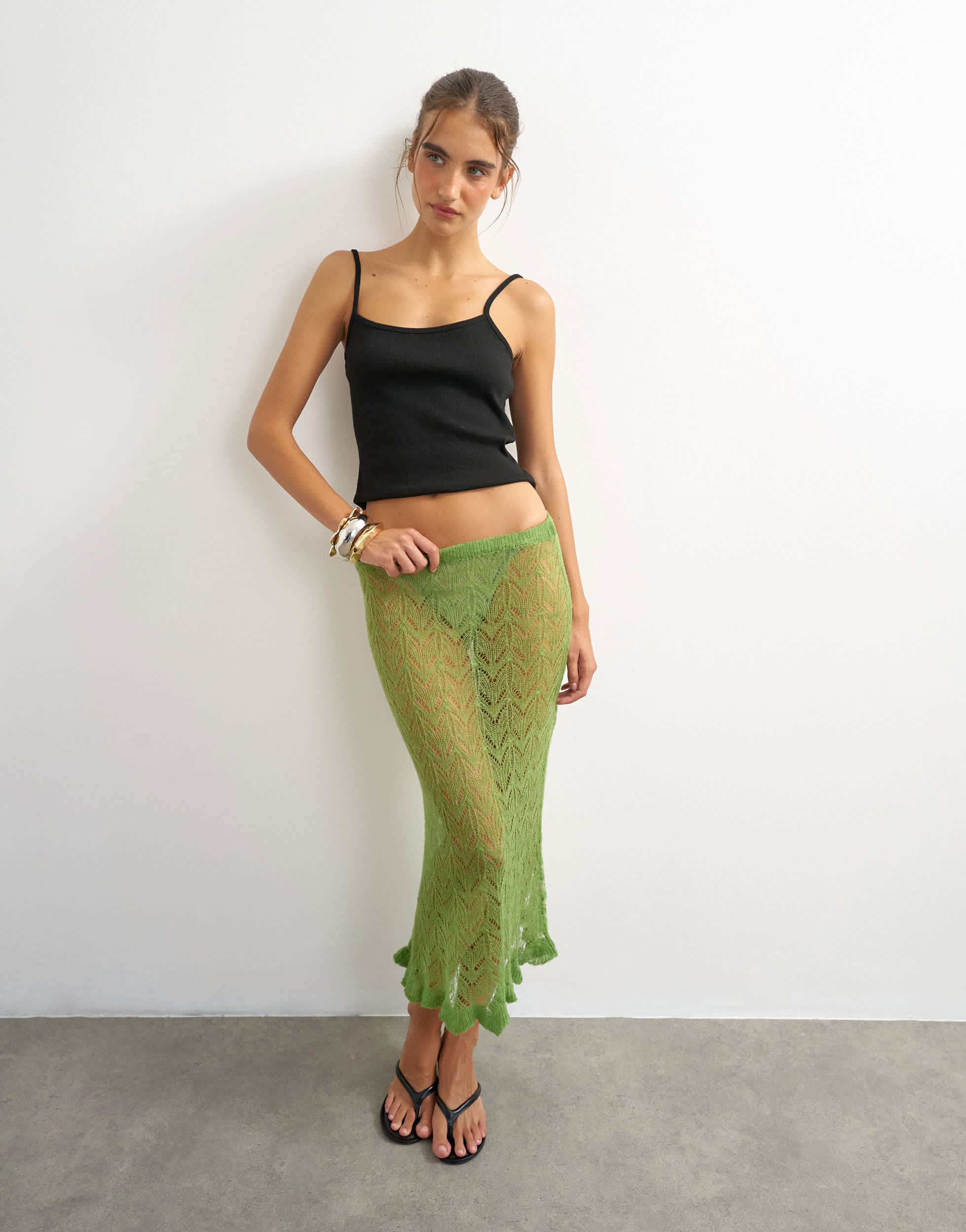 Topshop knitted ruffle hem pointelle midi skirt with wool in green