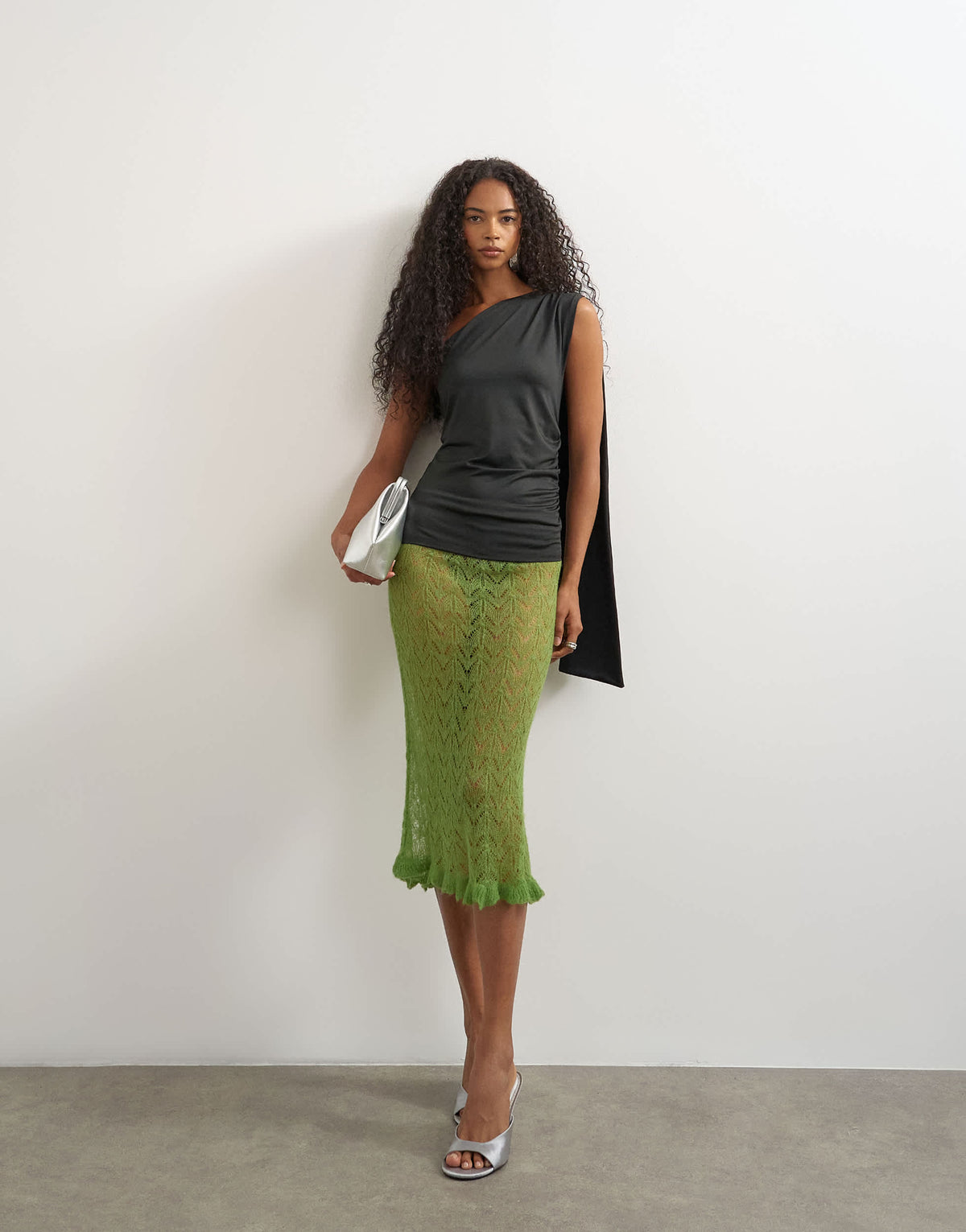 Topshop knitted ruffle hem pointelle midi skirt with wool in green