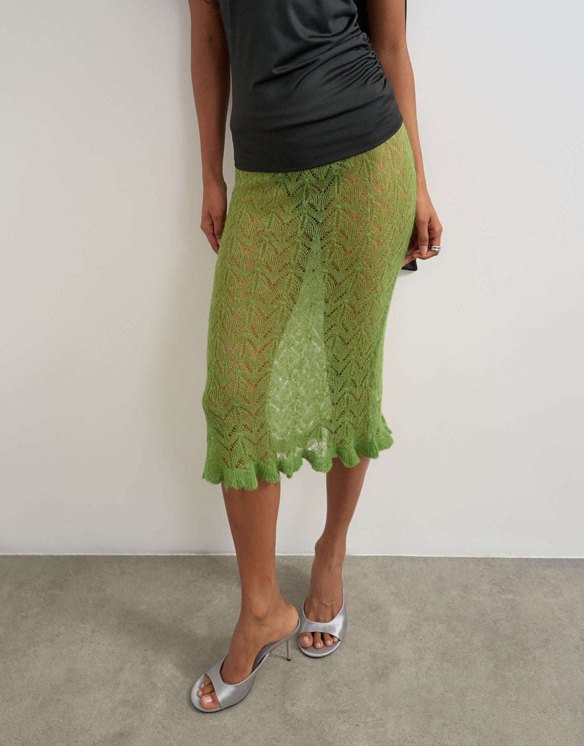 Topshop knitted ruffle hem pointelle midi skirt with wool in green