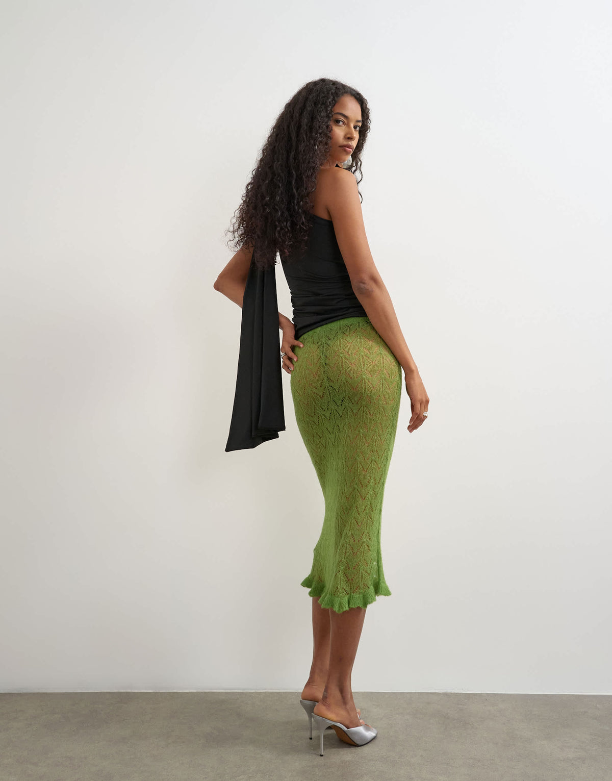 Topshop knitted ruffle hem pointelle midi skirt with wool in green