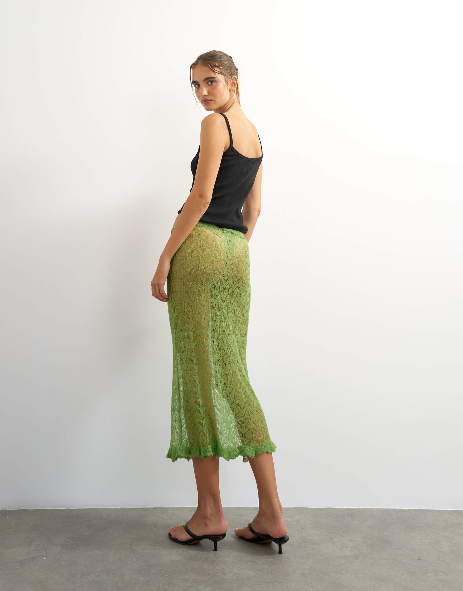 Topshop knitted ruffle hem pointelle midi skirt with wool in green