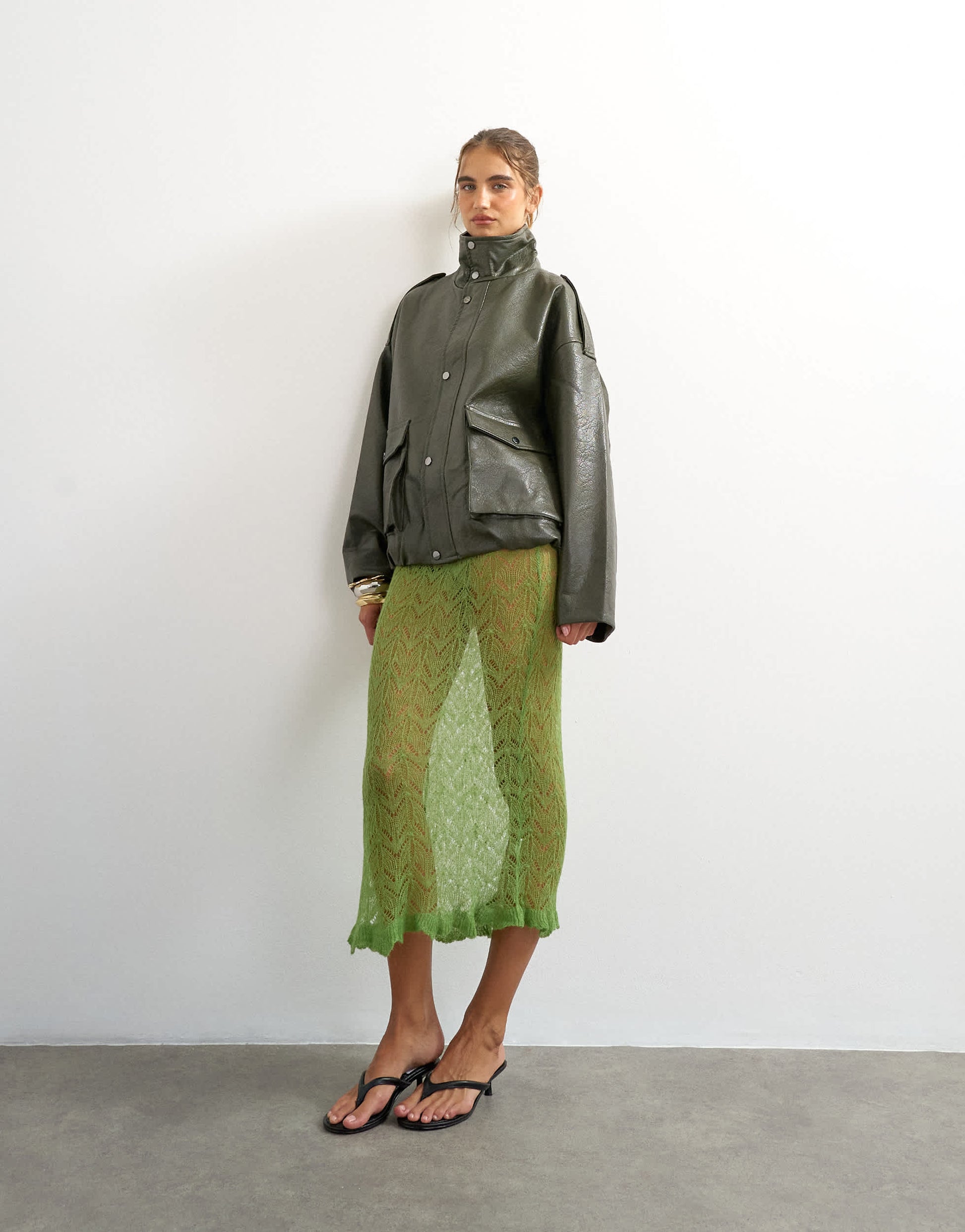 Topshop knitted ruffle hem pointelle midi skirt with wool in green