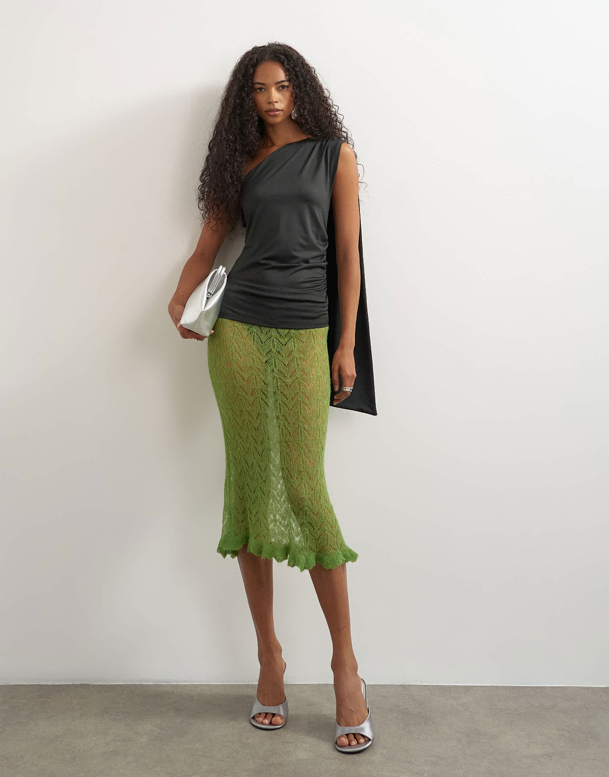 Topshop knitted ruffle hem pointelle midi skirt with wool in green