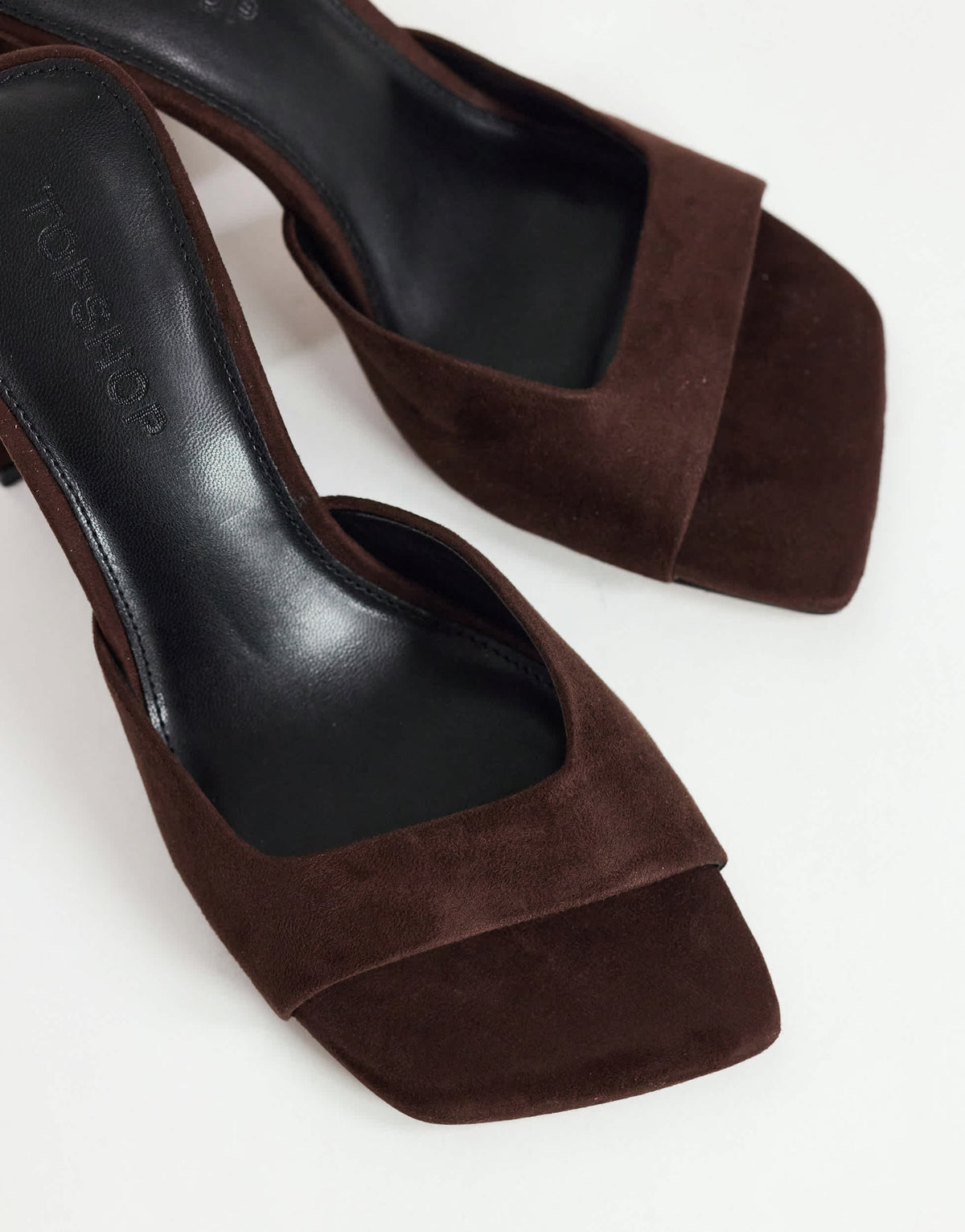 Topshop Walter high heeled mule in chocolate faux suede