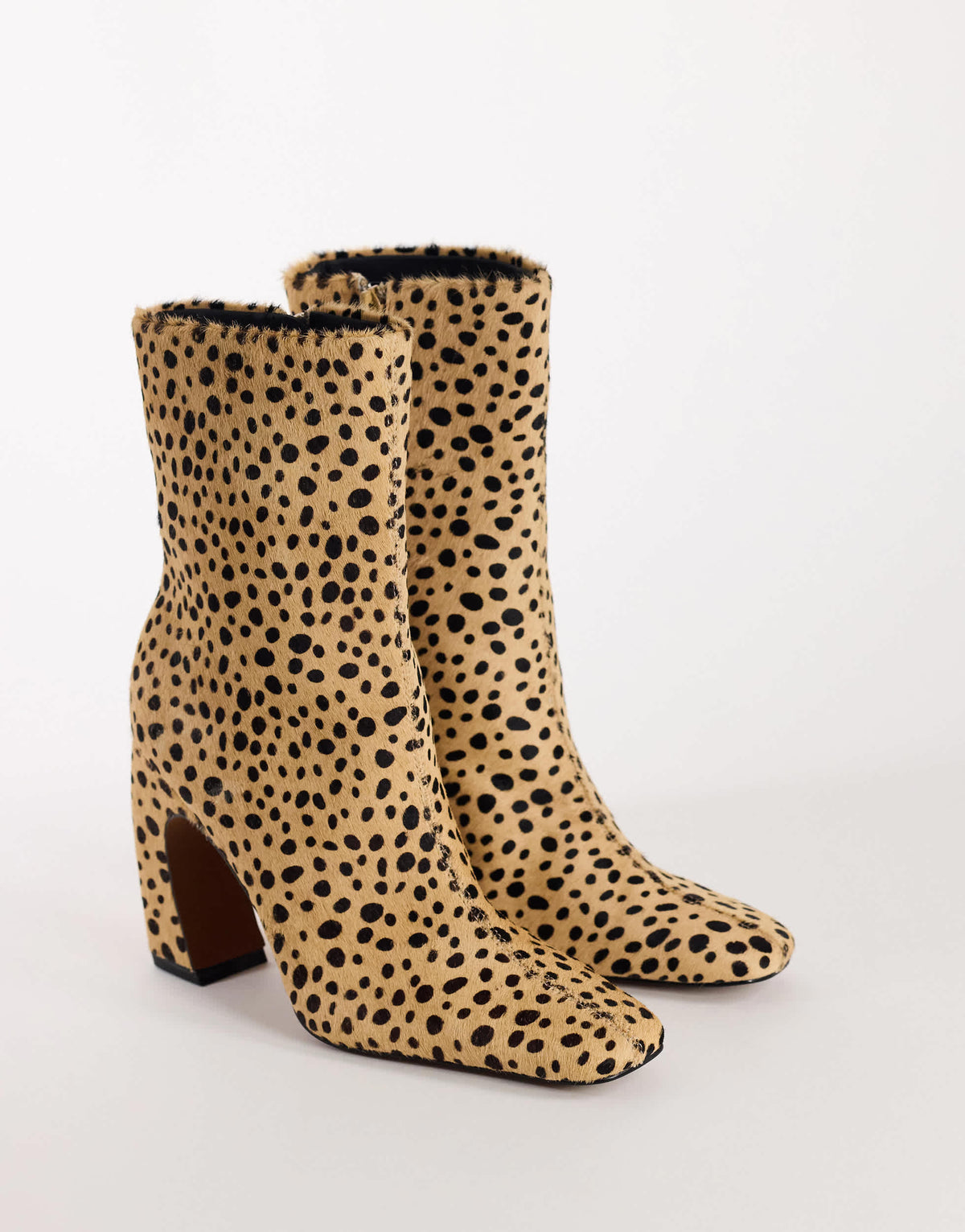 Topshop Karter hair on real leather curved heel ankle boot in caramel dalmatian