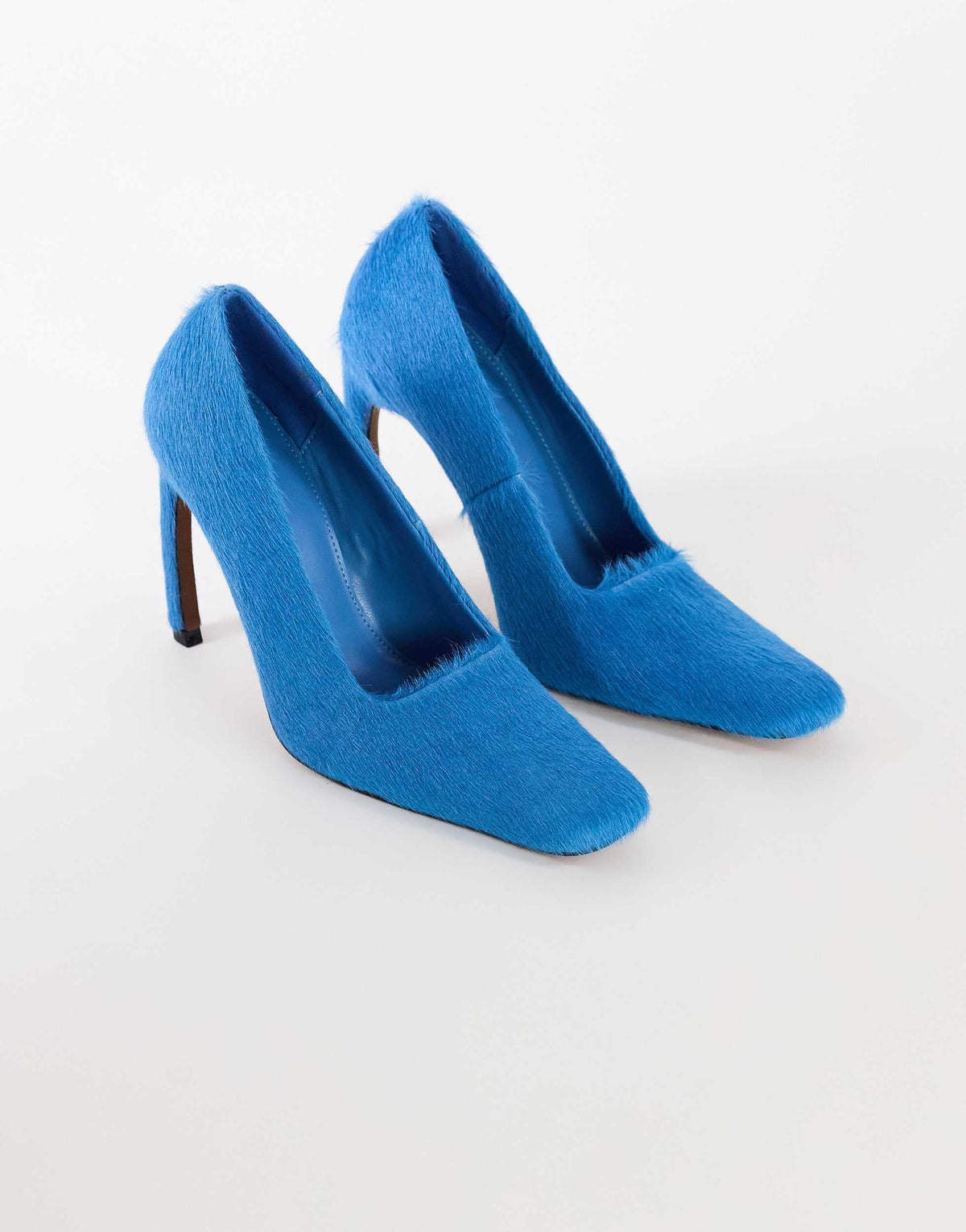 Topshop Amos chiselled banana heel court shoe in blue hair on real leather