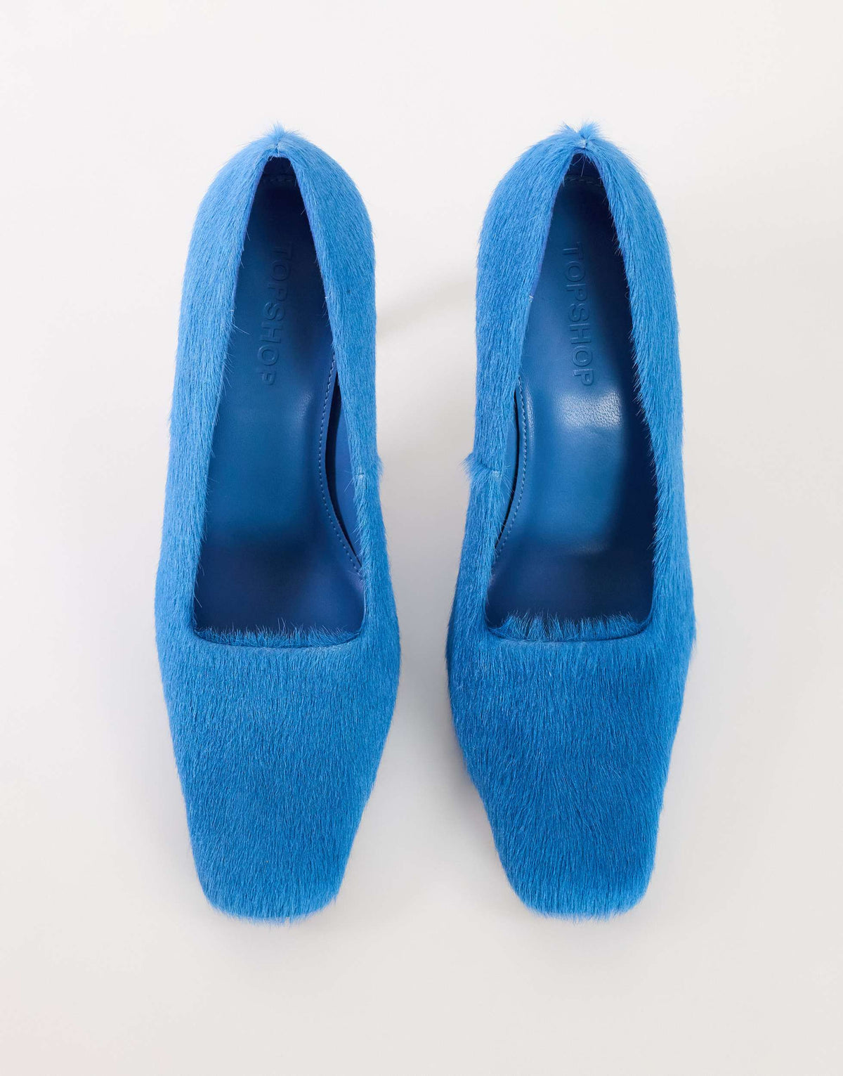 Topshop Amos chiselled banana heel court shoe in blue hair on real leather