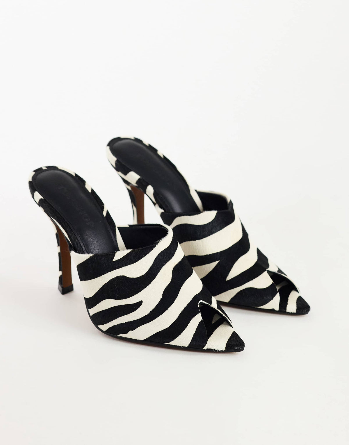 Topshop Winona high vamp peep toe heeled sandal in zebra hair on real leather