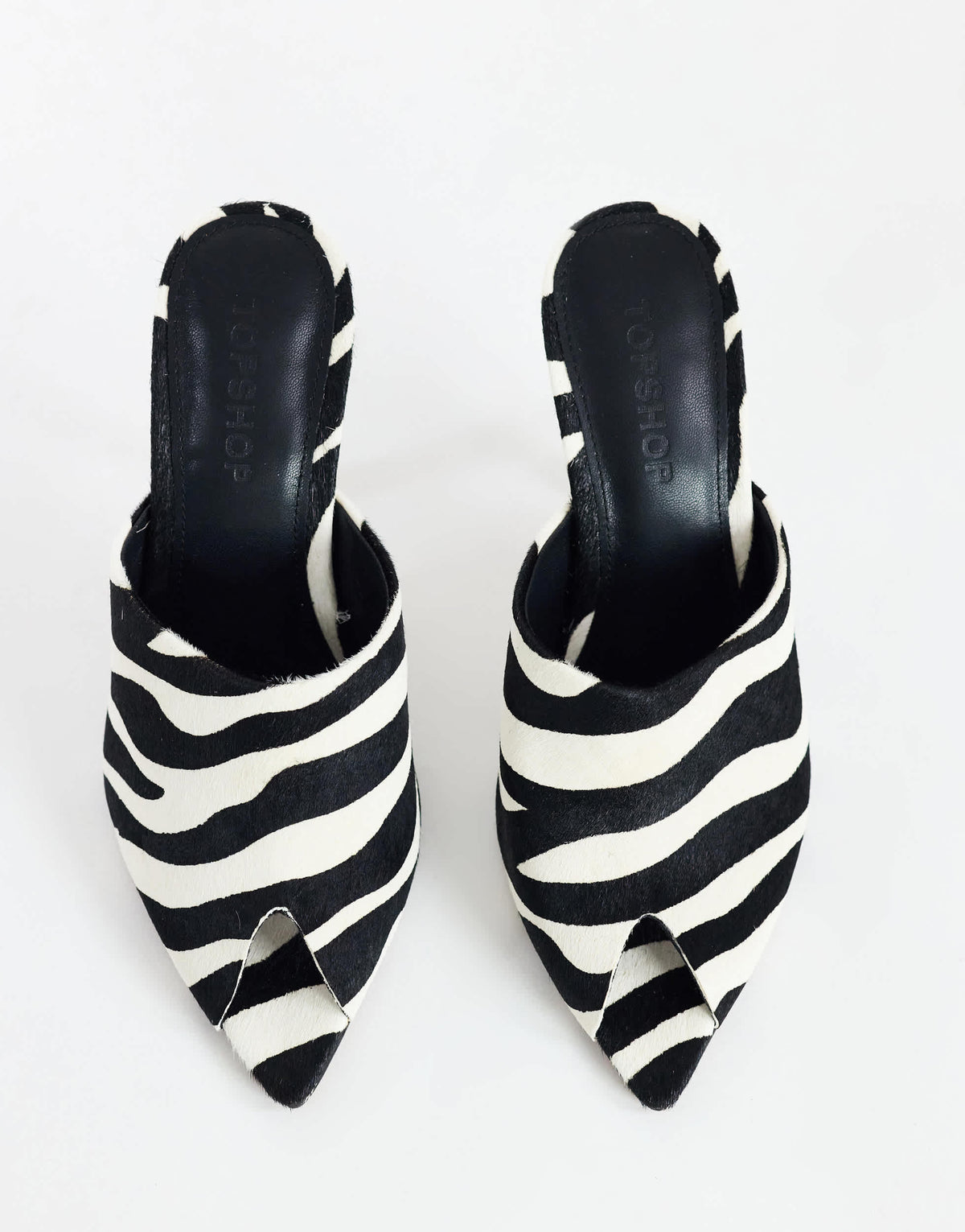 Topshop Winona high vamp peep toe heeled sandal in zebra hair on real leather
