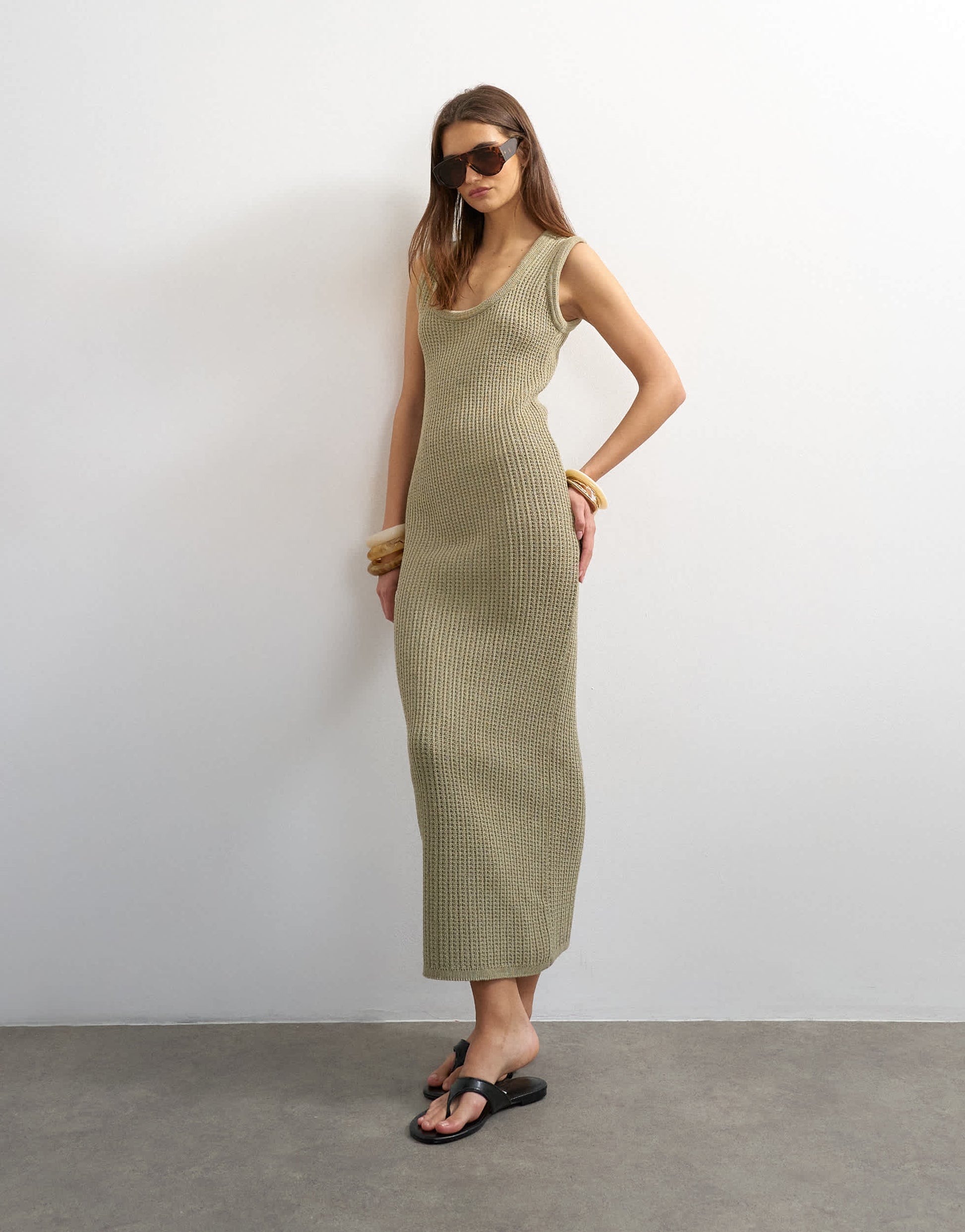 Topshop knitted tubular trim scoop neck maxi dress in khaki