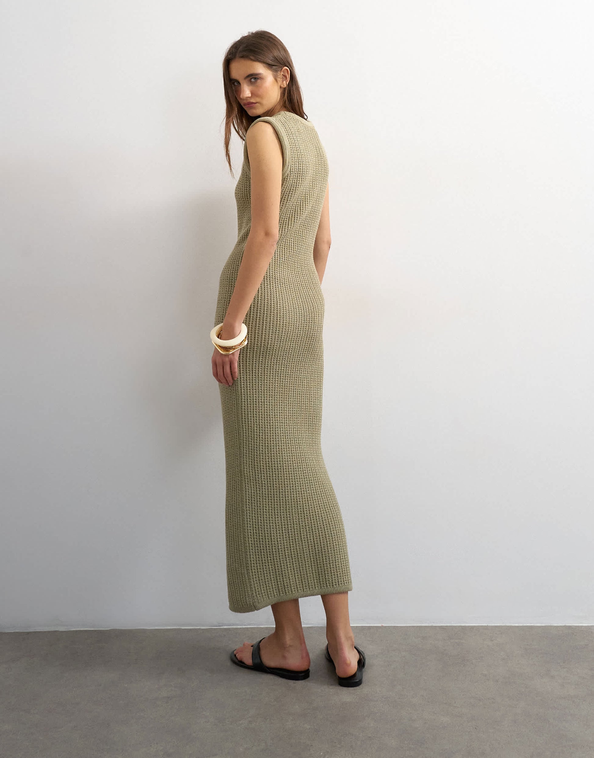 Topshop knitted tubular trim scoop neck maxi dress in khaki