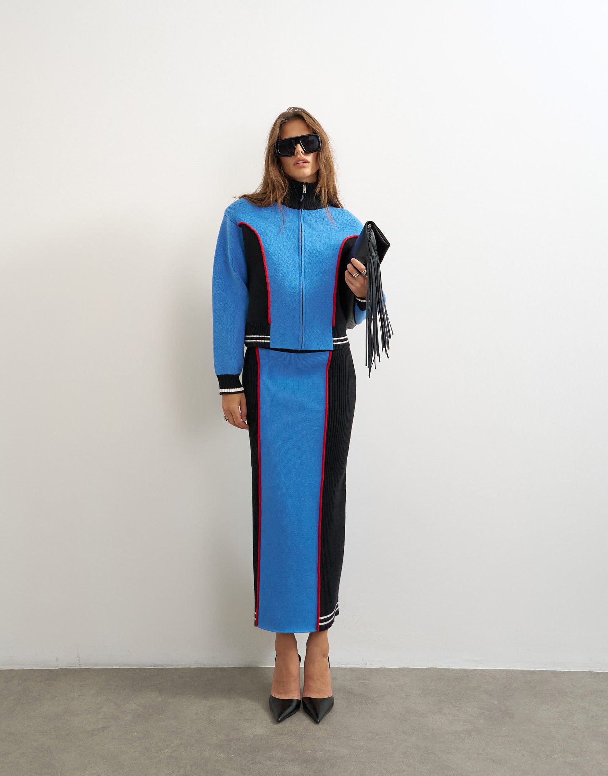 Topshop knitted co-ord shoulder padded seam detail jacket in blue