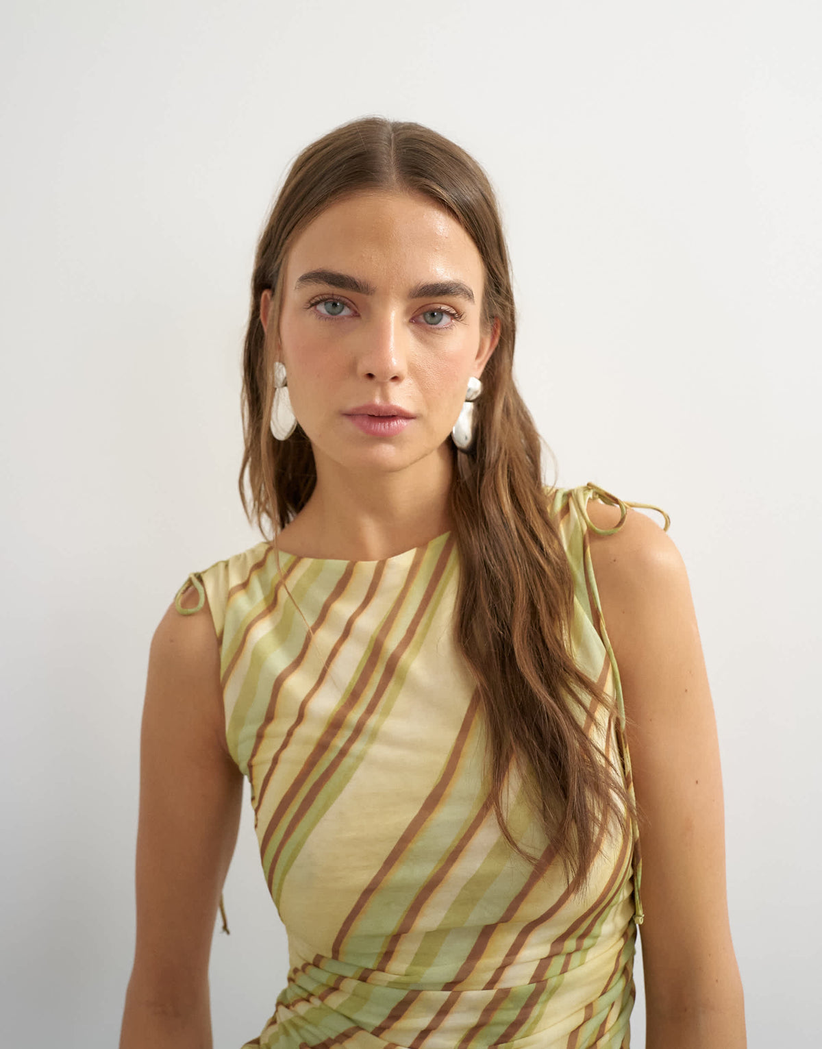 Topshop mesh stripe ruched shoulder asymmetric top in brown