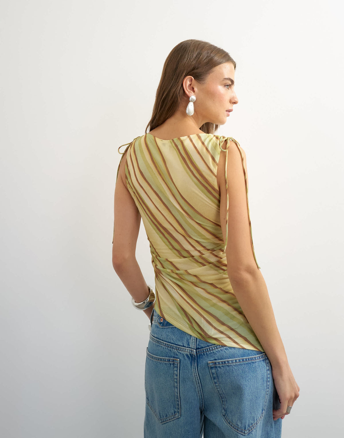 Topshop mesh stripe ruched shoulder asymmetric top in brown