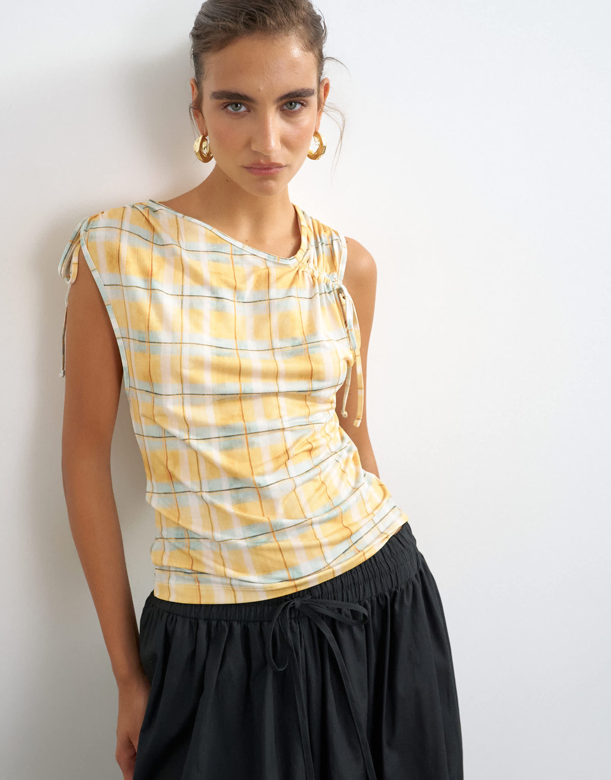 Topshop check ruched detail top in yellow