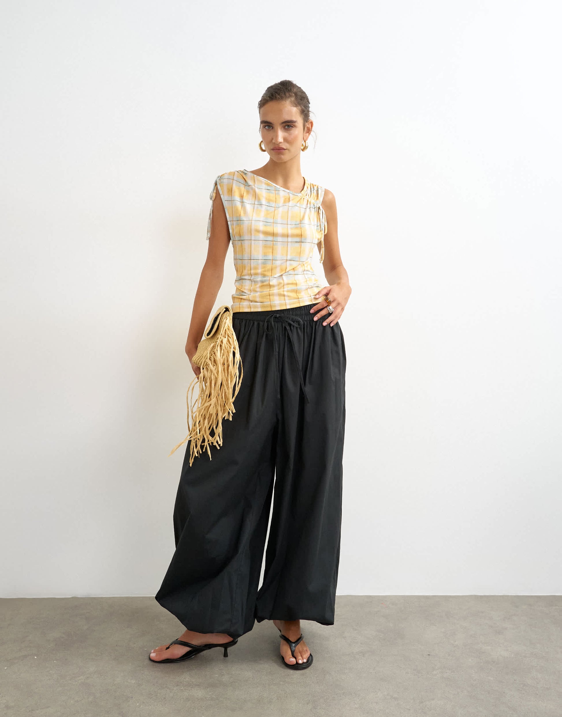 Topshop check ruched detail top in yellow