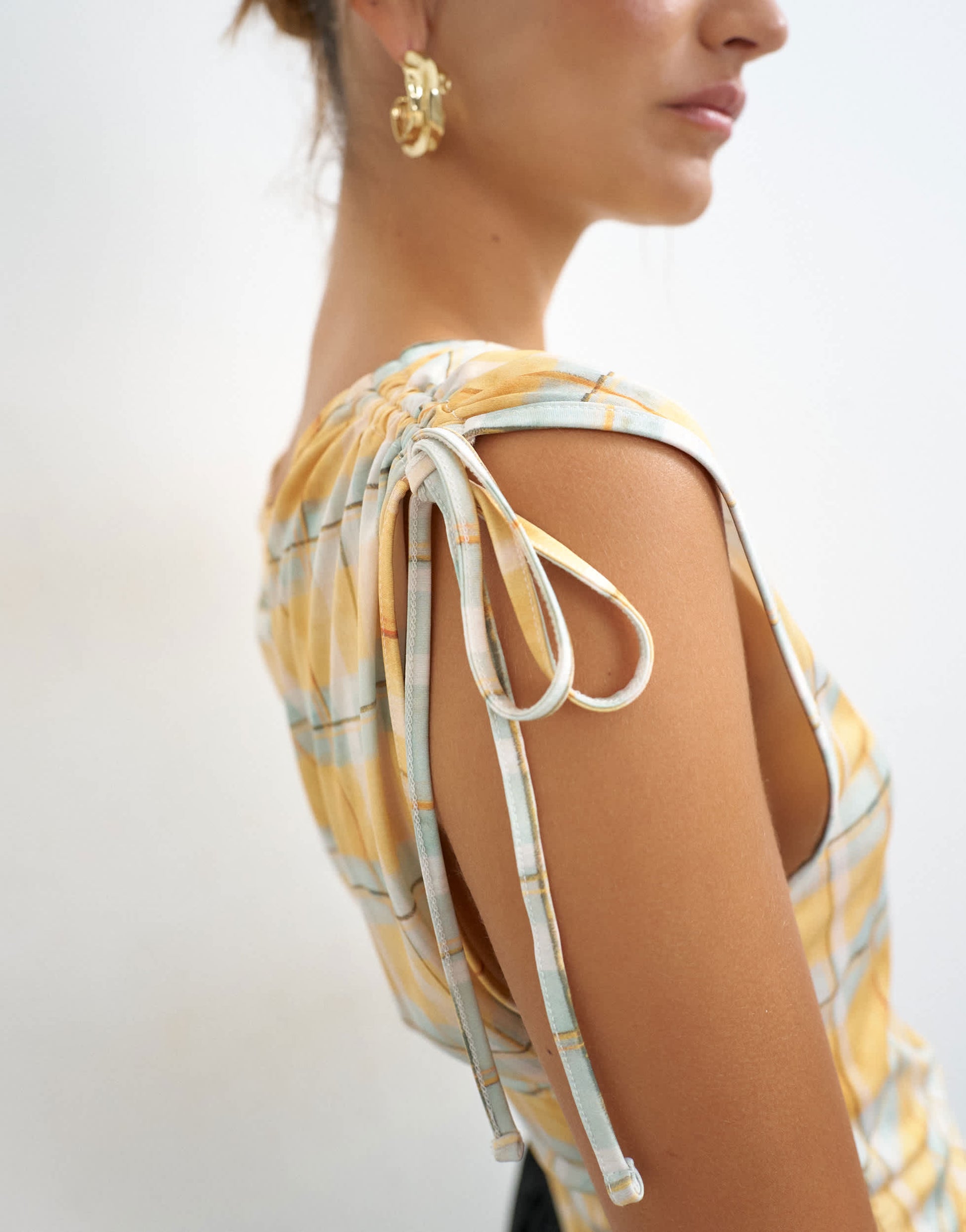Topshop check ruched detail top in yellow