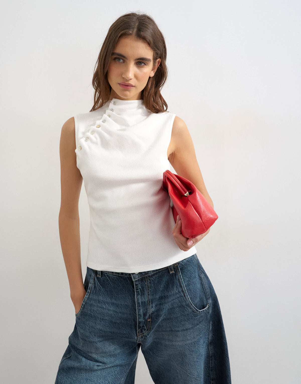 Topshop asymmetric button detail short sleeve in ecru