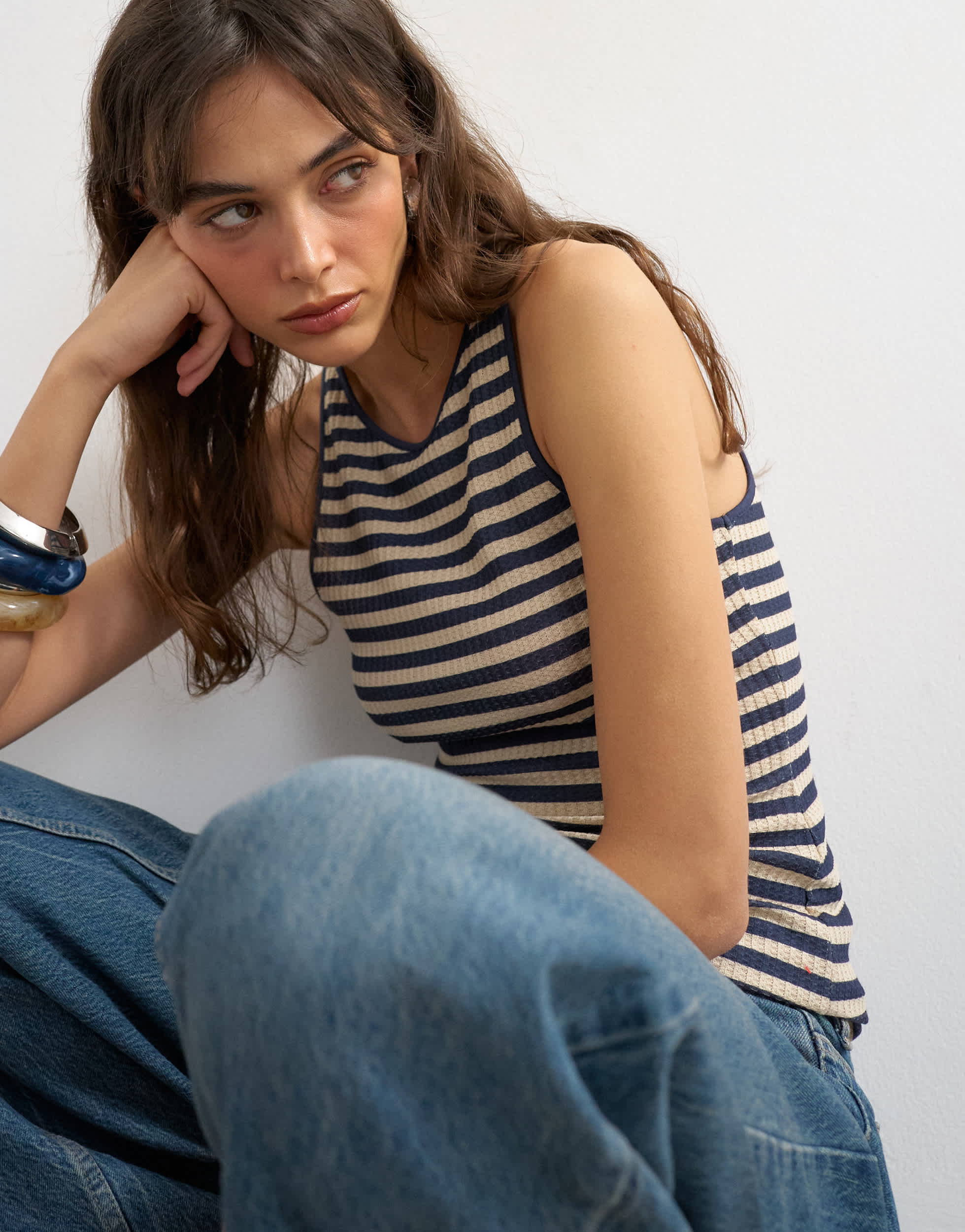 Topshop stripe waffle vest in navy