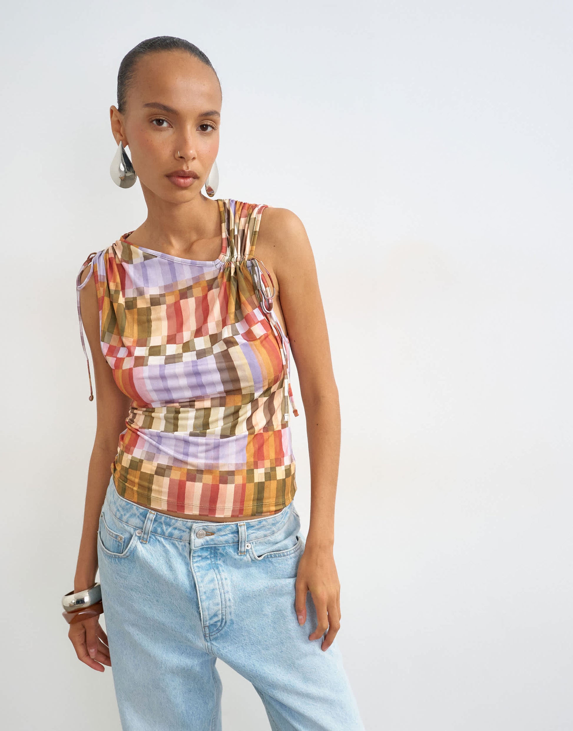 Topshop check ruched detail top in red