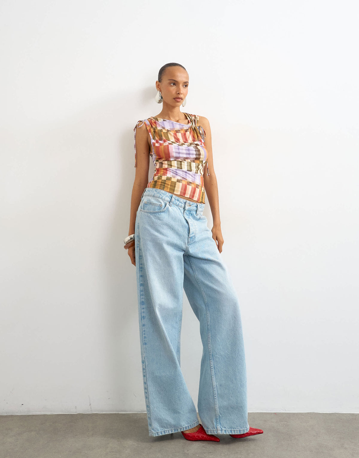 Topshop check ruched detail top in red
